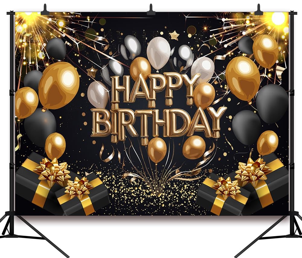 DePhoto 7x5Ft Black Gold Happy Birthday Backdrop Gold and Black Glitter Balloon
