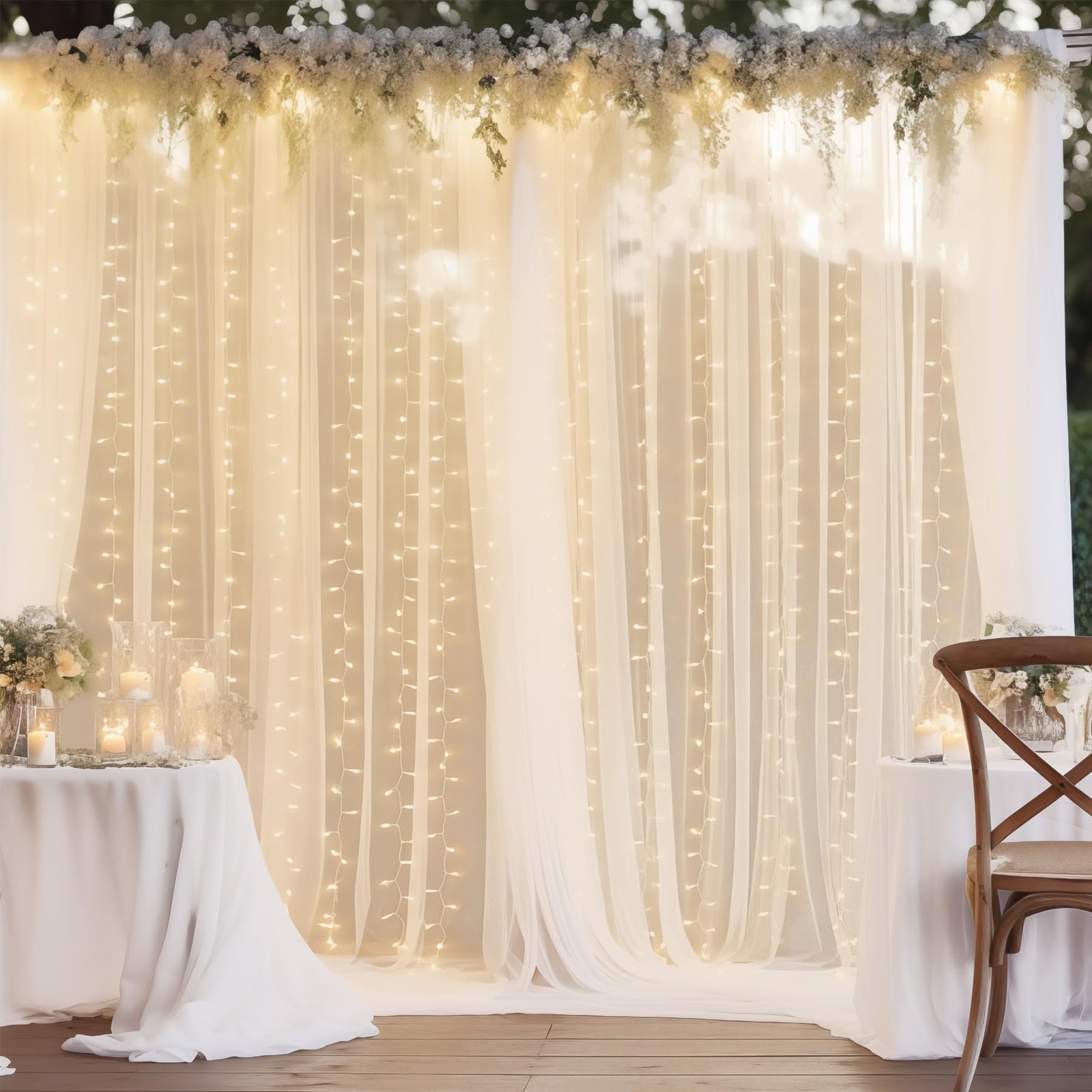10×10 Ft White Tulle Backdrop Curtain String Lights Sheer Drapes Decorations