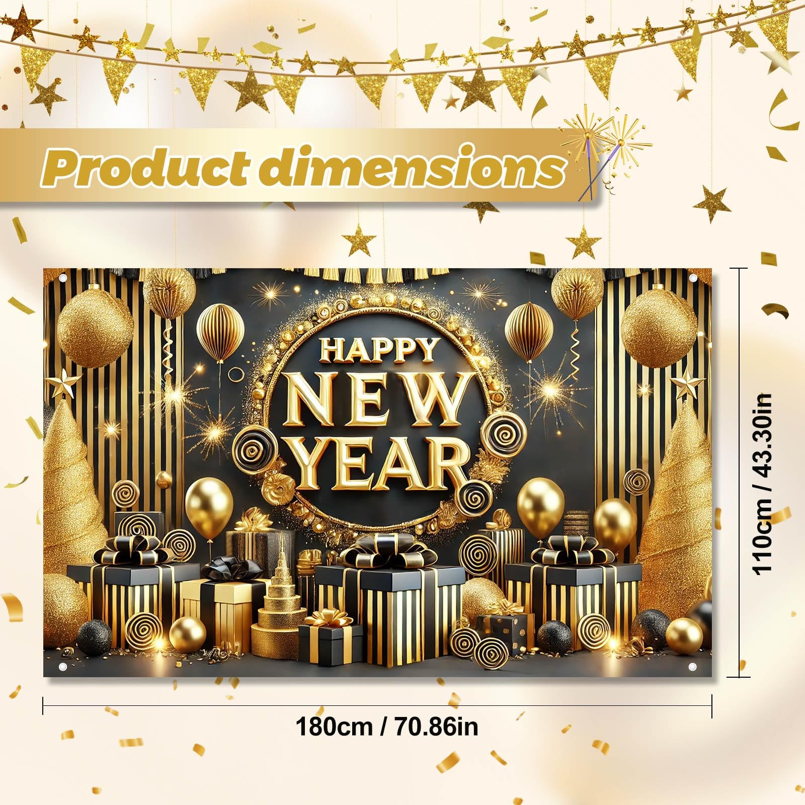 Black Gold Happy New Year Backdrop Luxury Fireworks Celebration Background