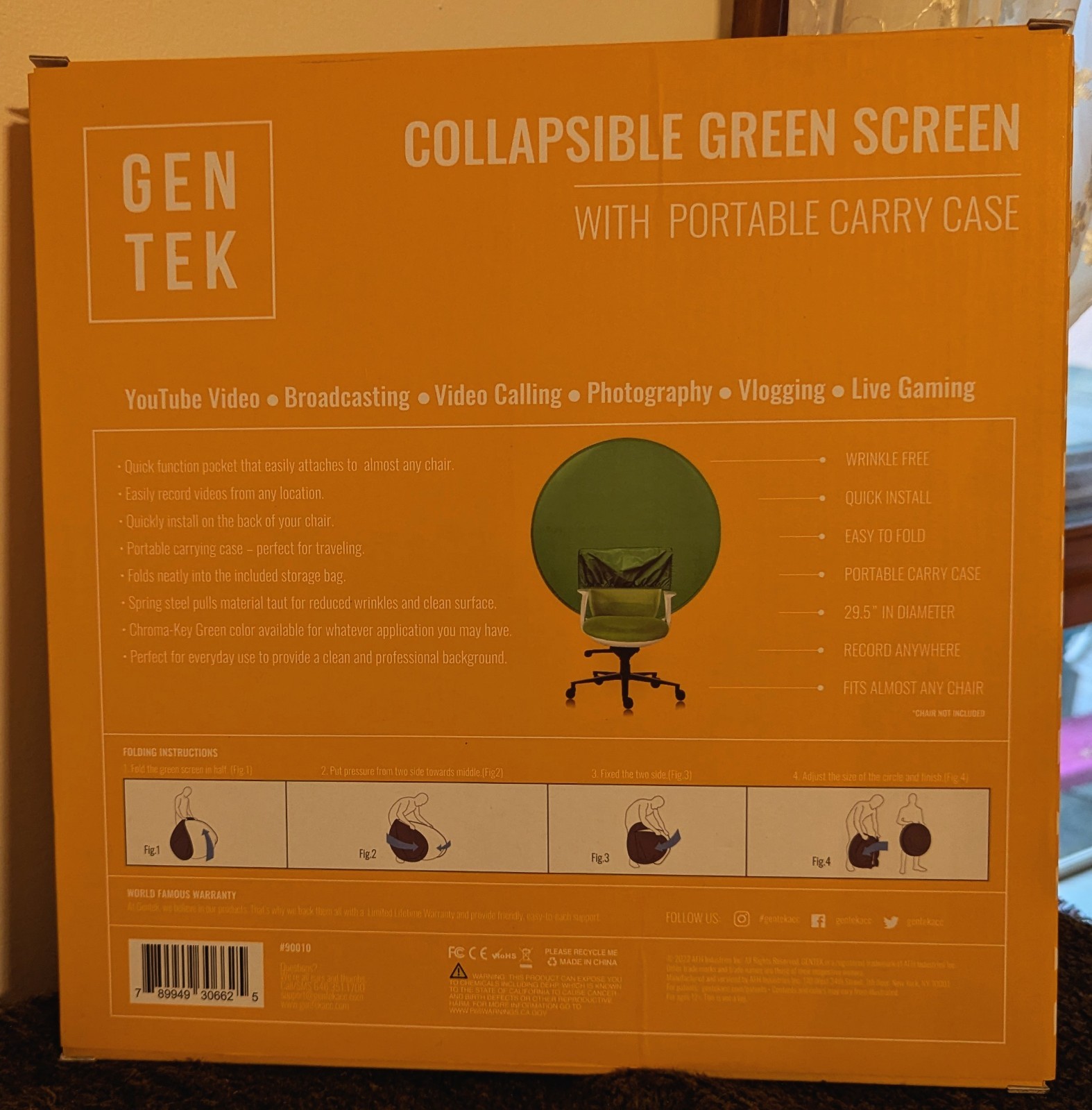 Green Screen Gen Tek Collapsible Chromakey Backdrop 29.5″ Wrinkle Resistant Case