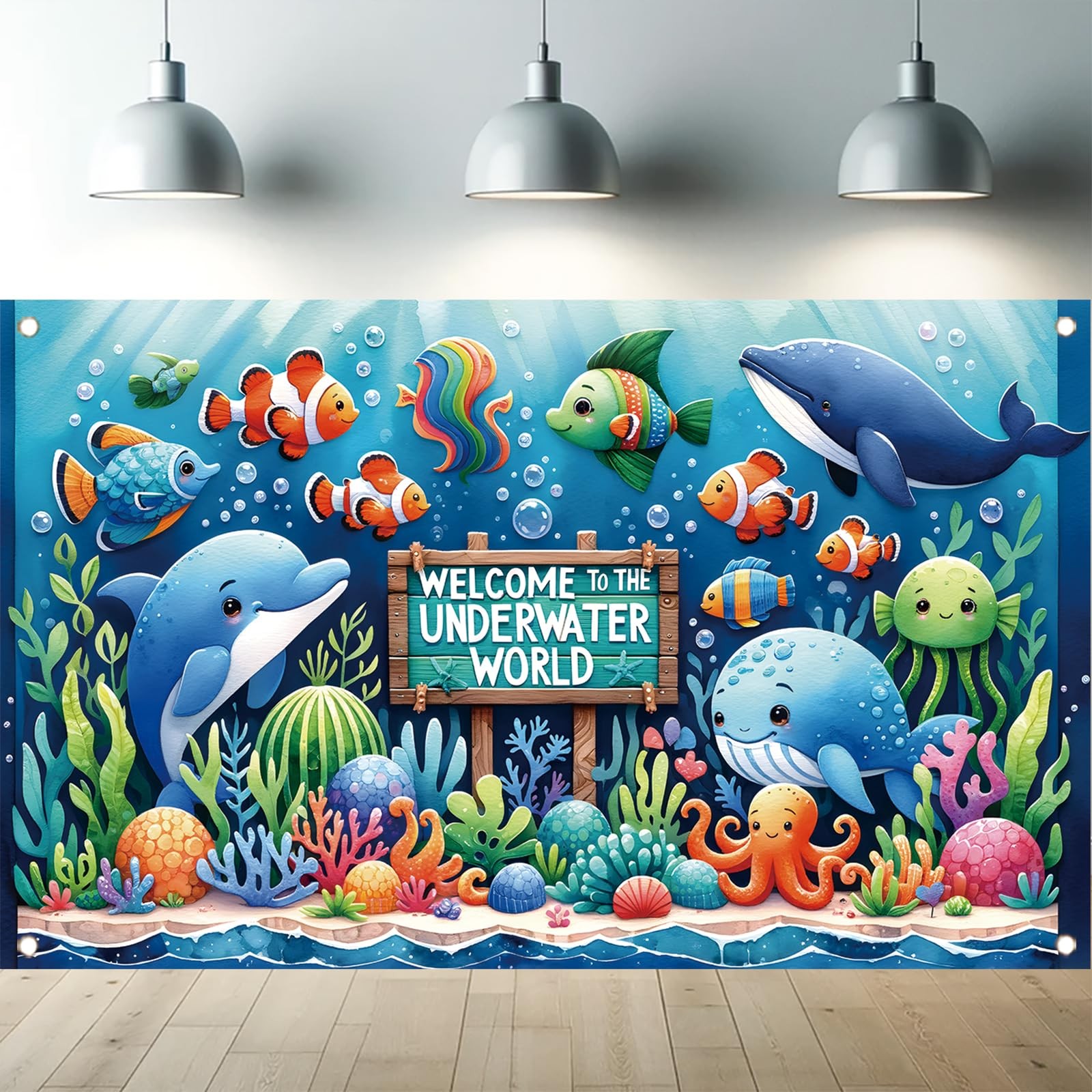 Underwater World Backdrop Banner Ocean Party Decoration Cute Sea Animal Banne…