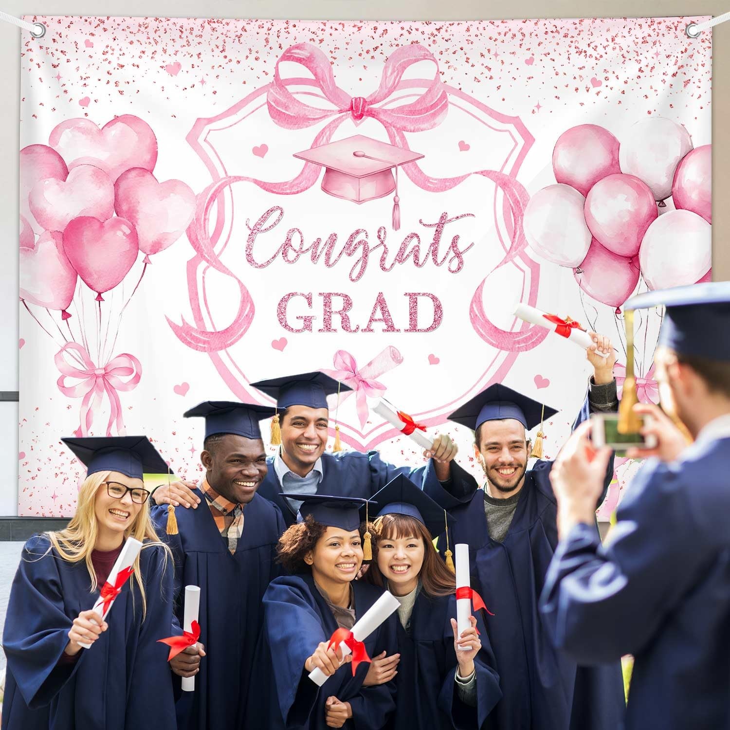 Coquette Congrats Grad Backdrop Pink Bow 2026 Graduation Photography Background