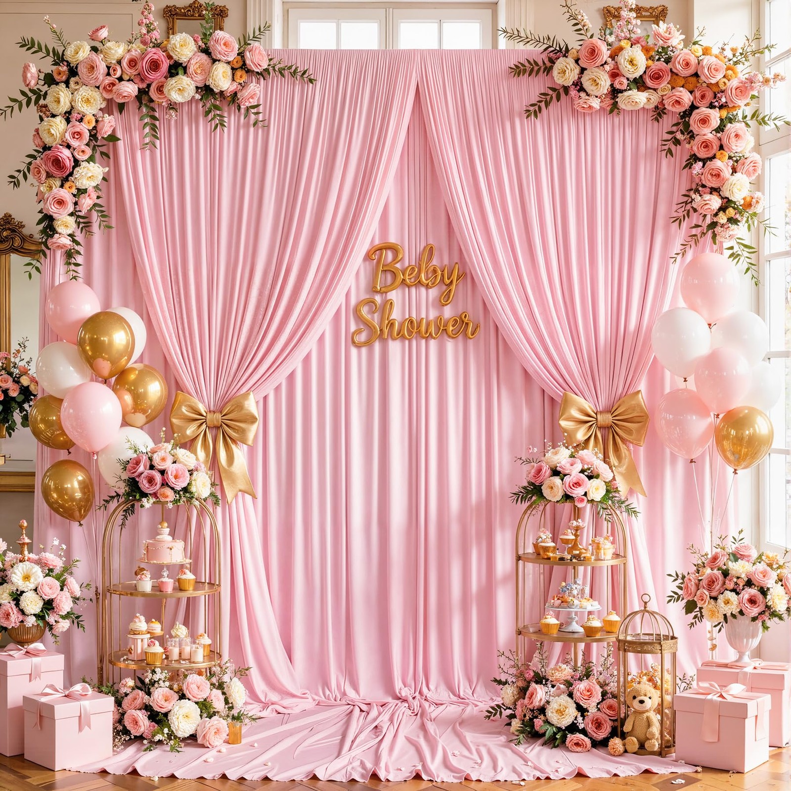 50ftx12ft Wrinkle Free Pink Backdrop Curtain, 5′(W) x 12′(H), 10 panels,