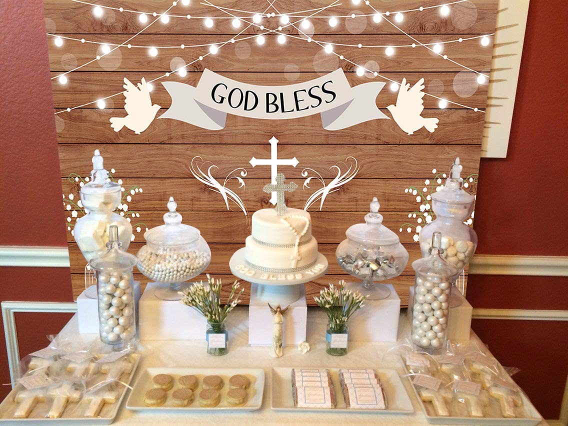 God Bless Baptism Backdrop Rustic Wooden Board Wall Sparkle 5×3 feets, White