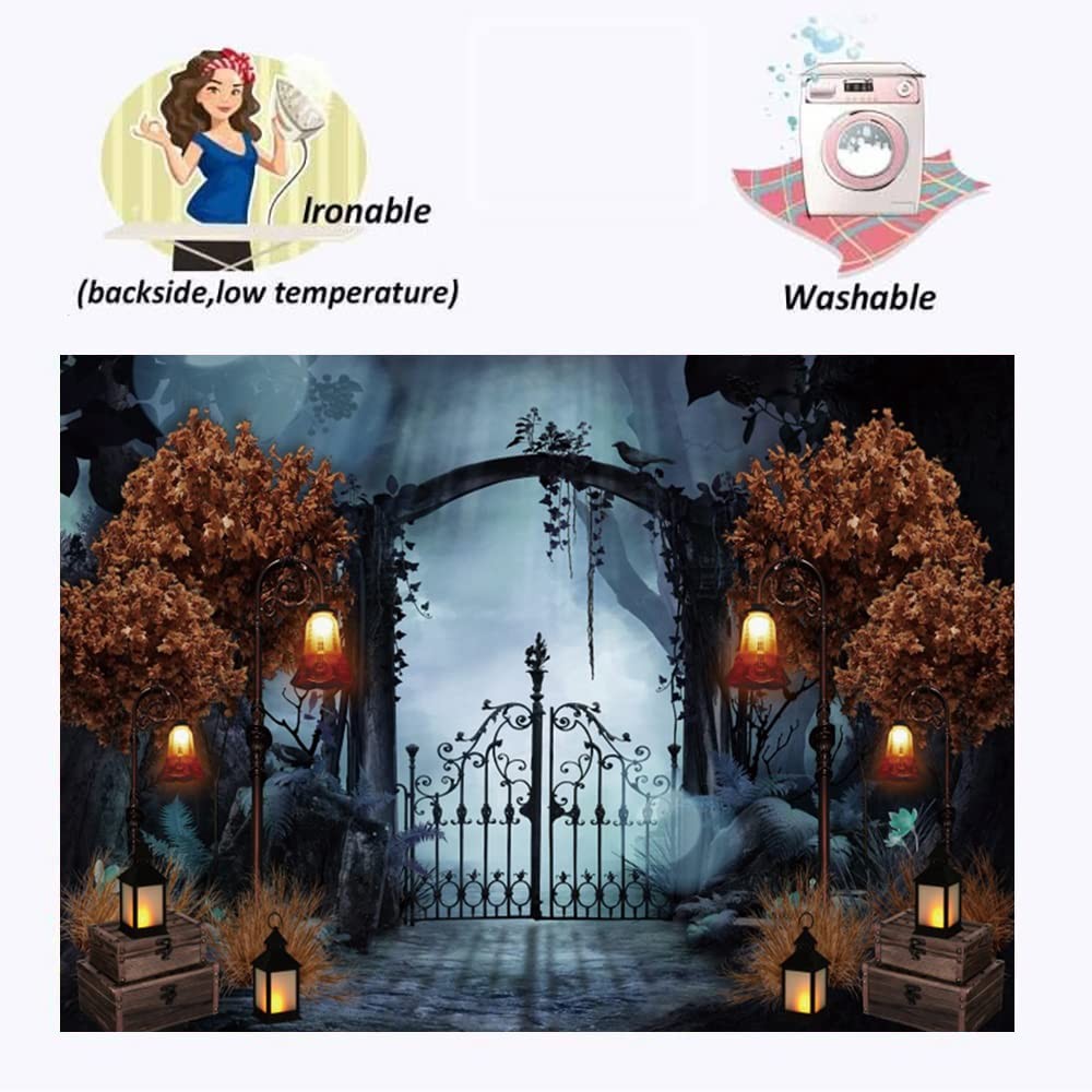 8x6ft Durable Fabric Halloween Backdrop, Horror Cemetery, Iron Gate, Scary
