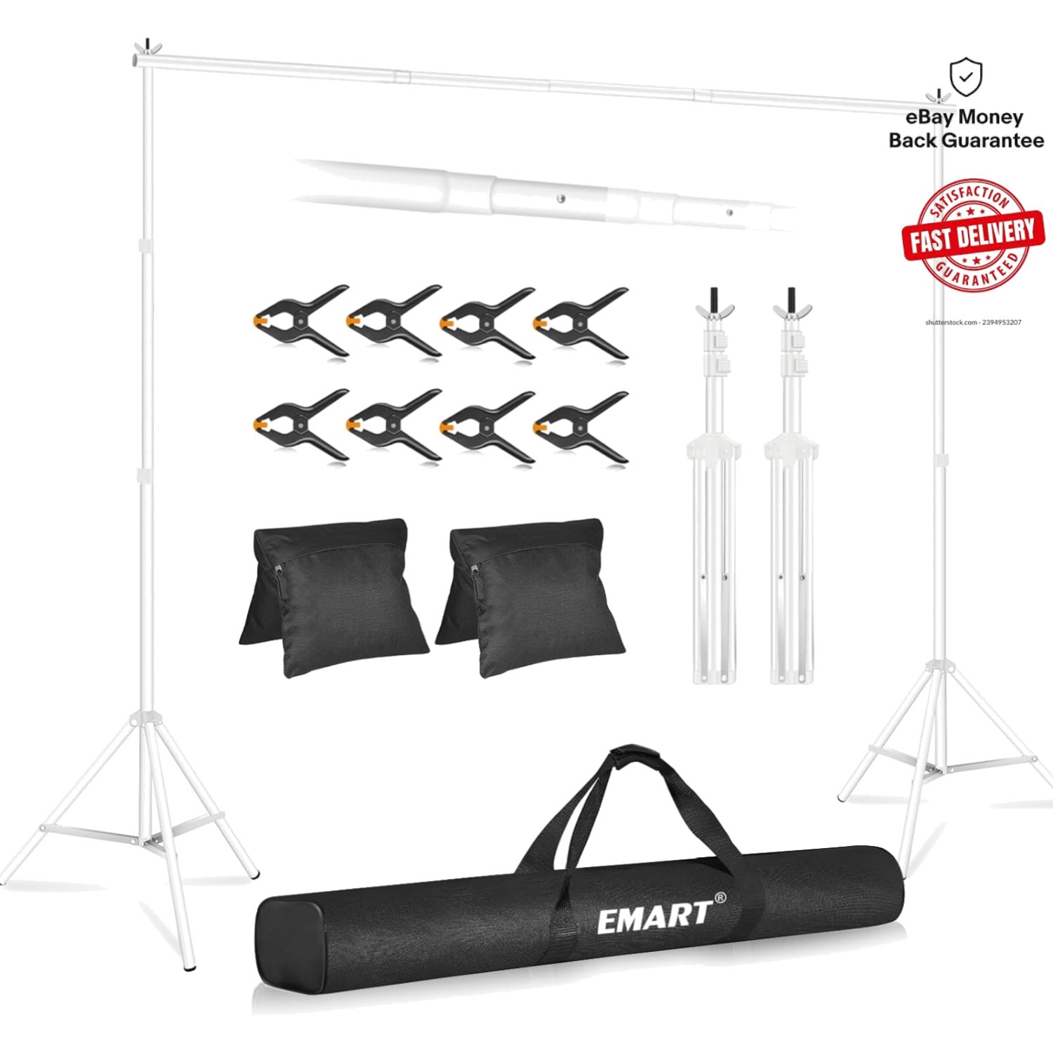 Adjustable Backdrop Stand 10×8.5ft Kit with Crossbars, Clamps & Sandbags – White