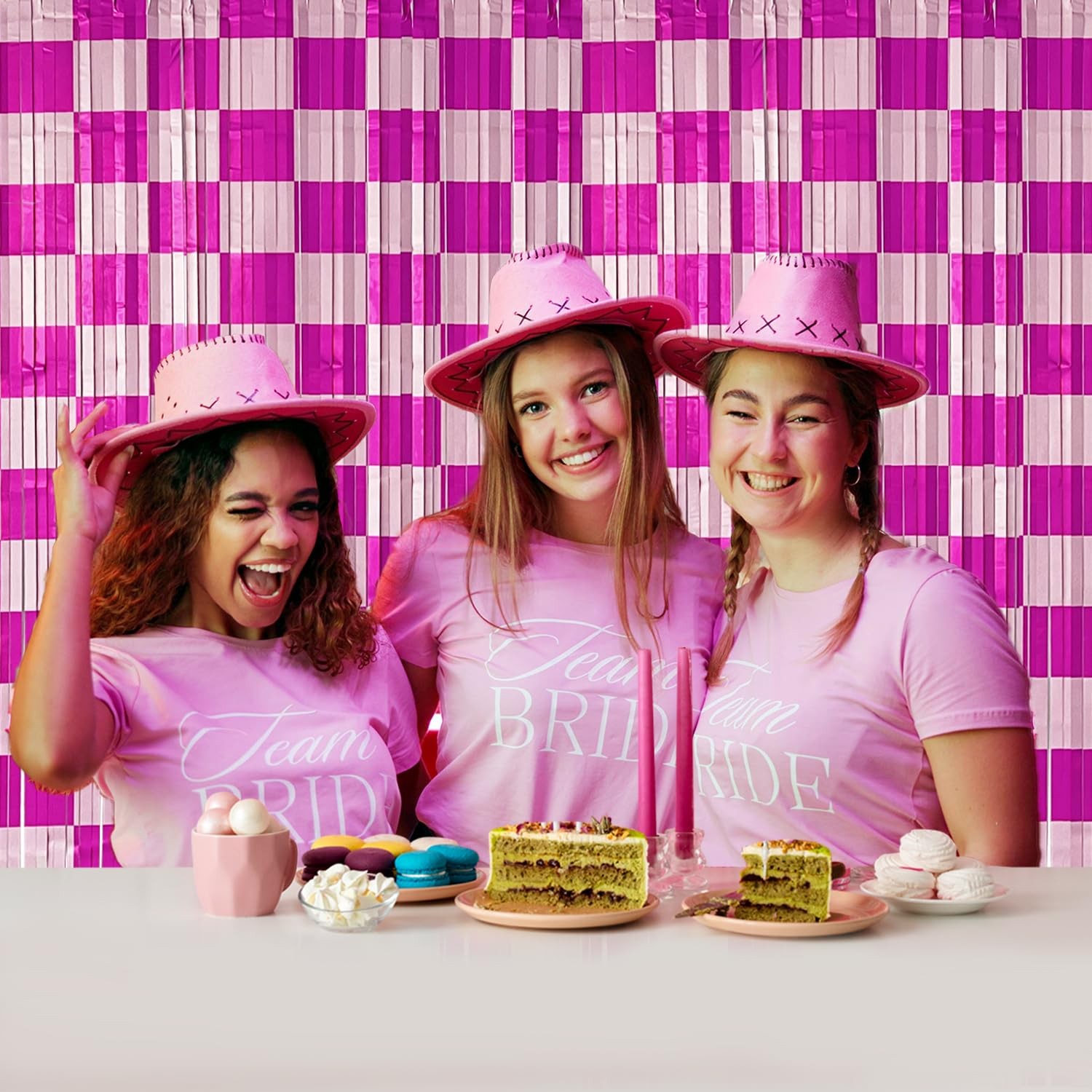 Pink Checkered Party Backdrop Foil Fringe Curtain Birthday Photo Decor 4 Pcs