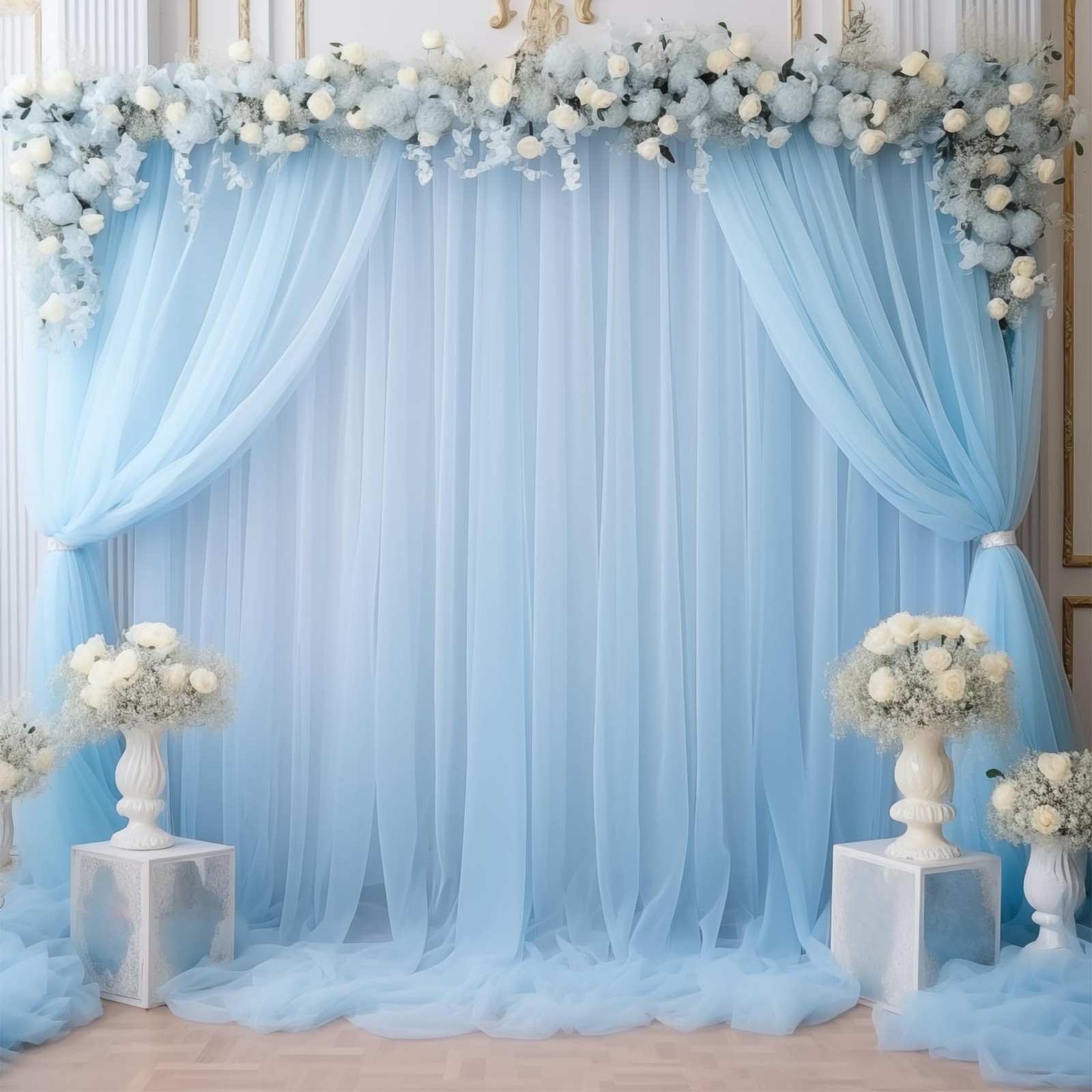 20x10ft Blue Tulle Backdrop Curtains Sheer Photo Background Drapes Party