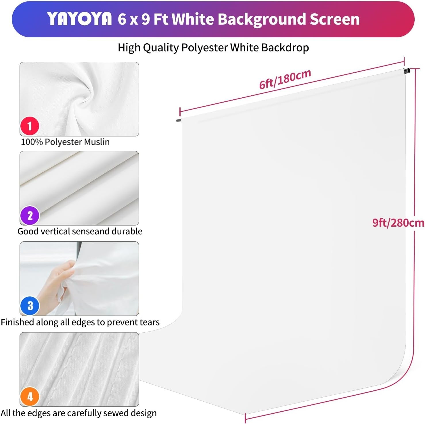 Adjustable White Photo Backdrop with Portable Stand and Carrying Bag, 6×9 ft