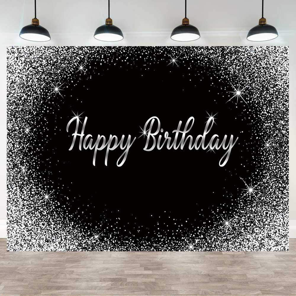 Black Happy Birthday Backdrop Glitter Silver Dot Photography Background