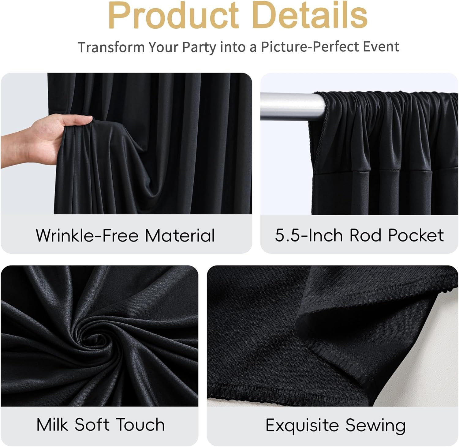 40X10Ft Black Photo Backdrop Curtains for Parties Birthday Wrinkle Free Polyeste