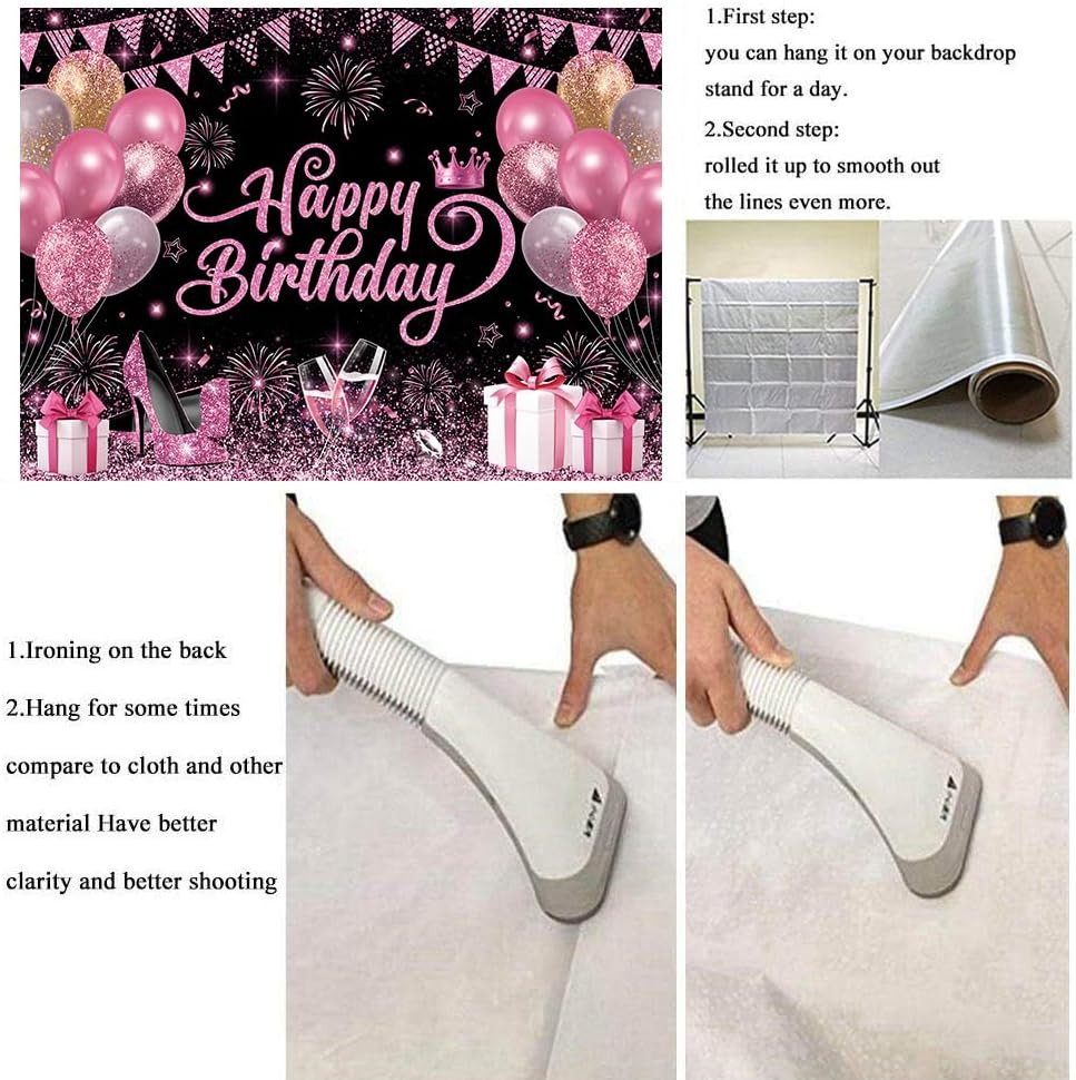 7X5Ft Pink and Black Happy Birthday Backdrop Women Birthday Party Photography