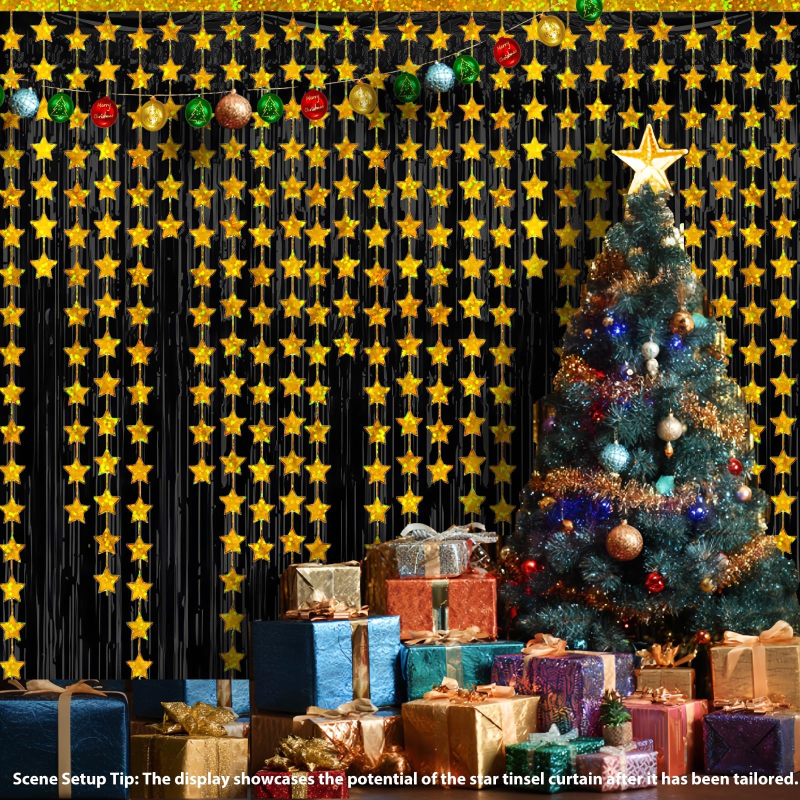 4 PCS 3.3×6.6ft Black Gold Star Tinsel Fringe Curtain Backdrop