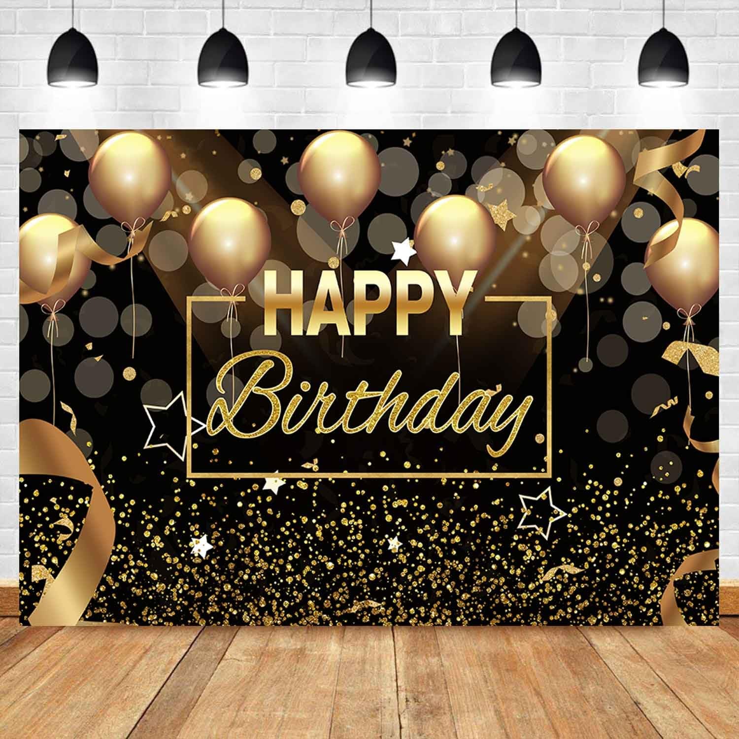Sensfun Black Gold Happy Birthday Backdrop Sparkle 7x5ft,
