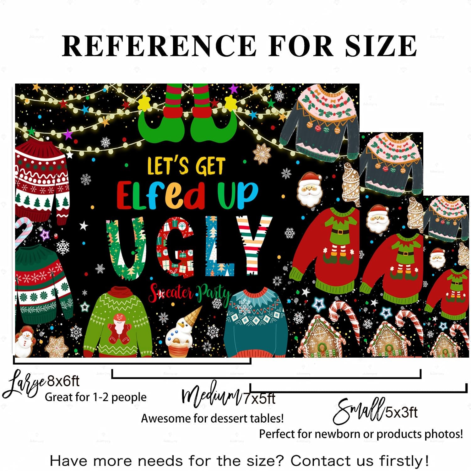 7×5 FT Ugly Sweater Christmas Party Backdrop Elfed Up Winter Holiday Prop