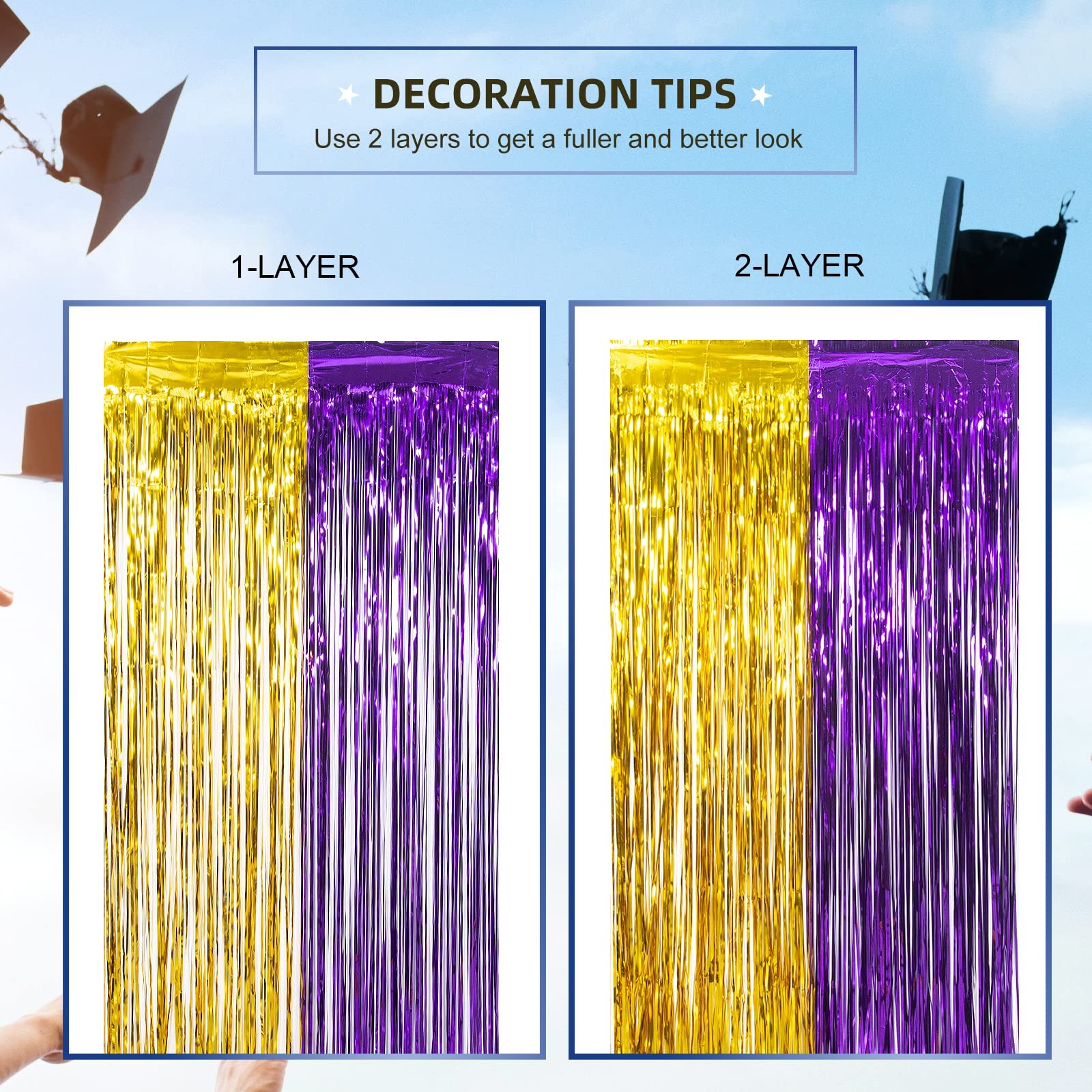 Graduation Party Decoration, 2 Pack Purple Gold Foil Fringe Curtain