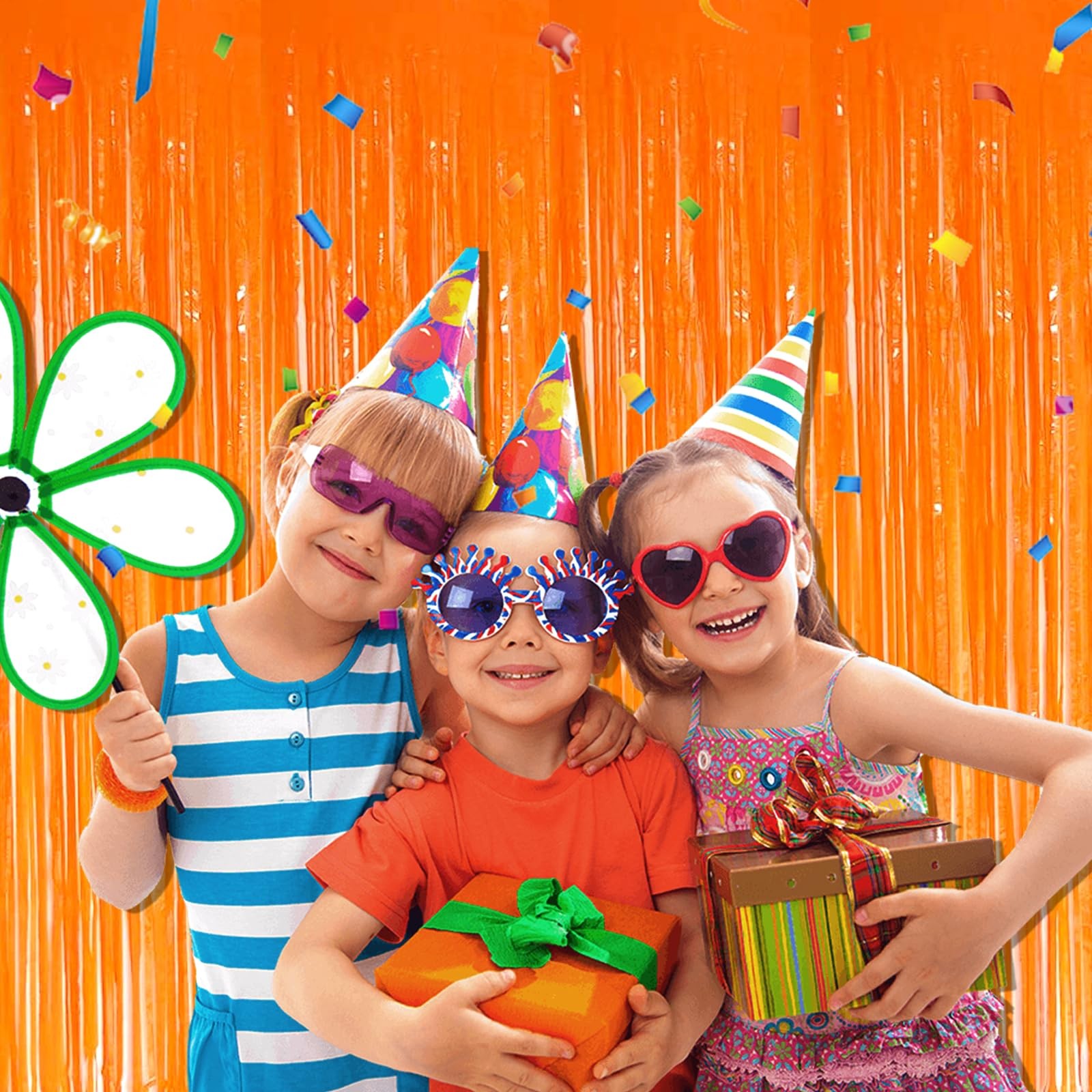 Orange Macaron Foil Fringe Tinsel Backdrop Party Curtains 3.28×8.2 Ft 6 PCS
