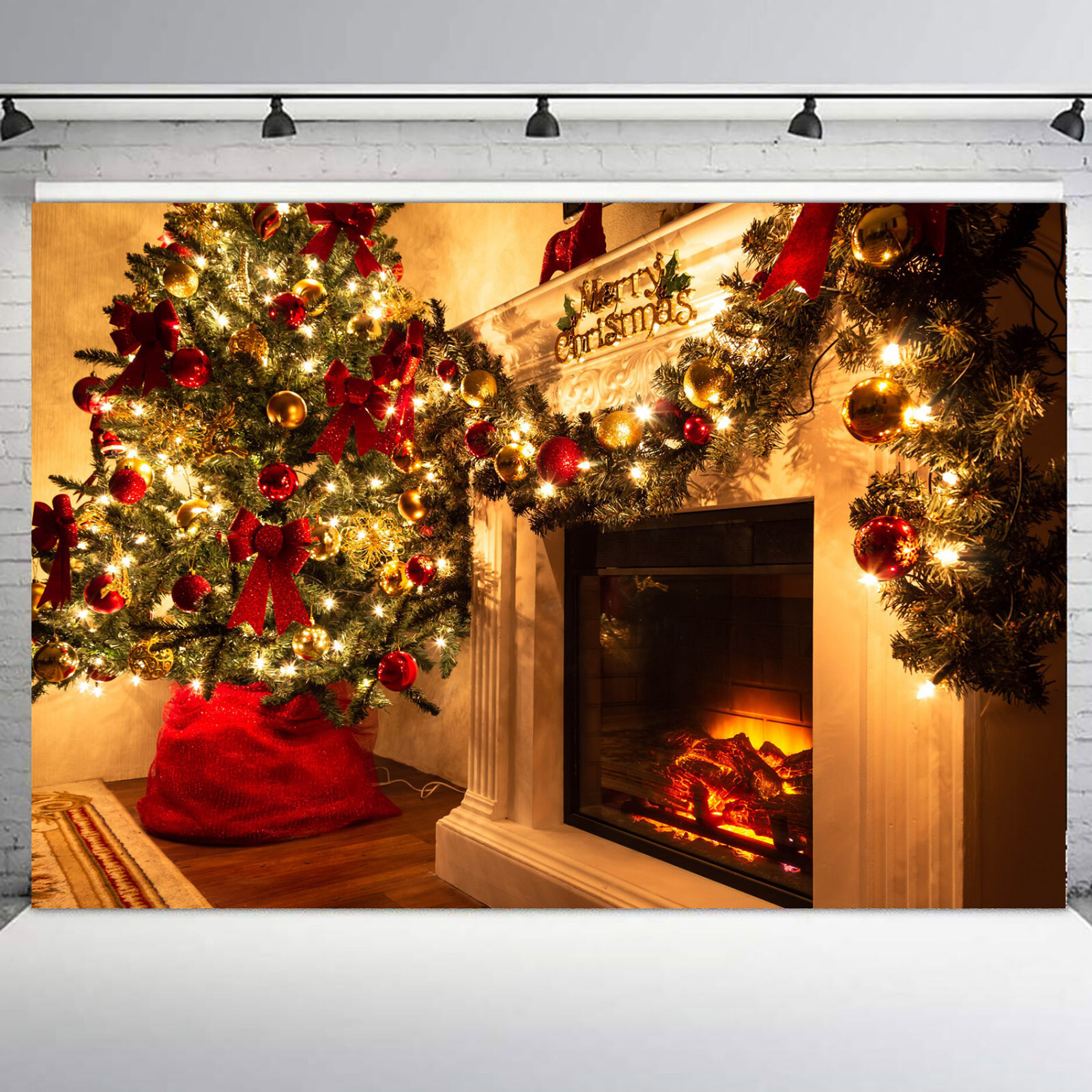Winter Snowflakes Fireplace Green Christmas Tree Vinyl Backdrop Photo Background
