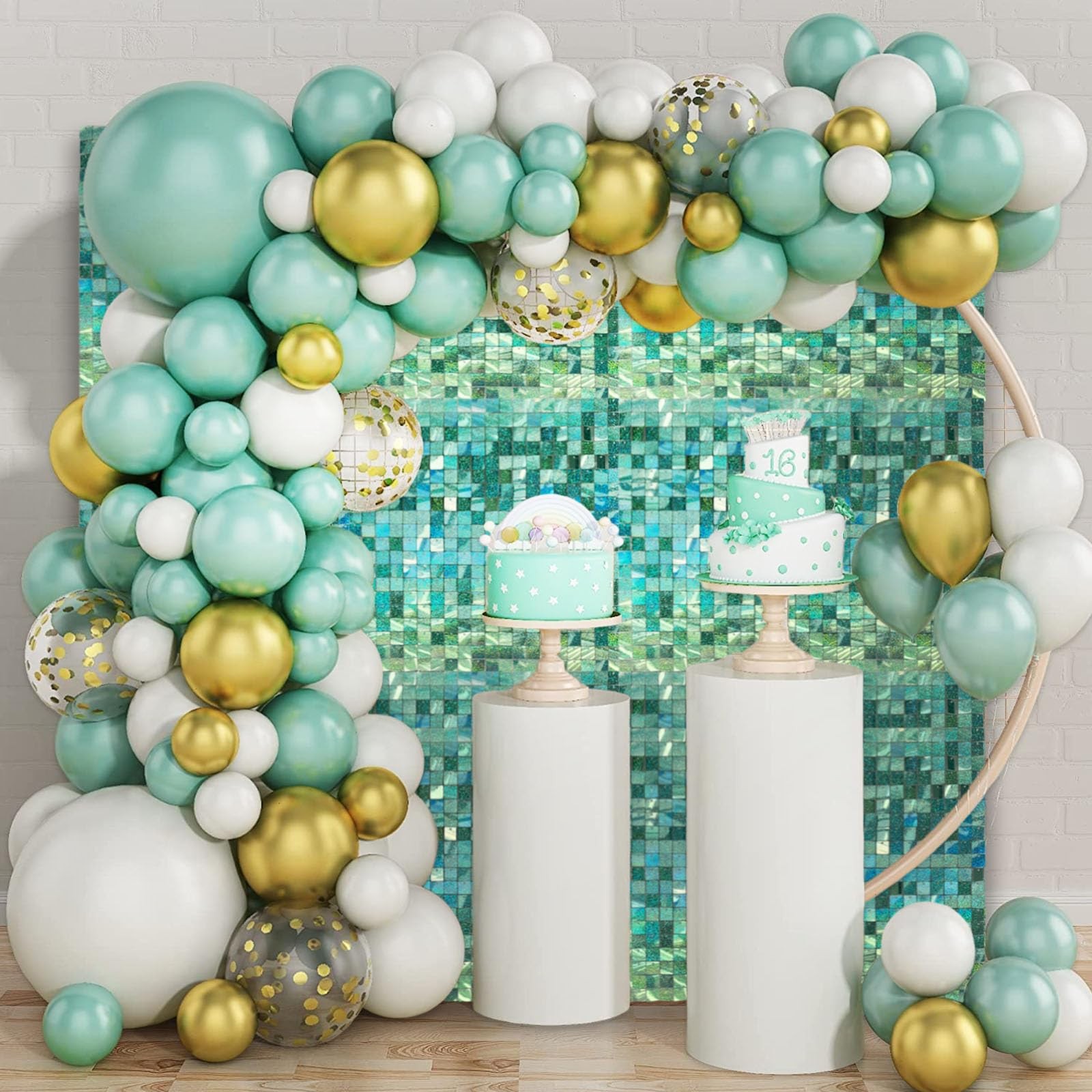 48 PCS Light Green Shimmer Wall Backdrop, Laser Square