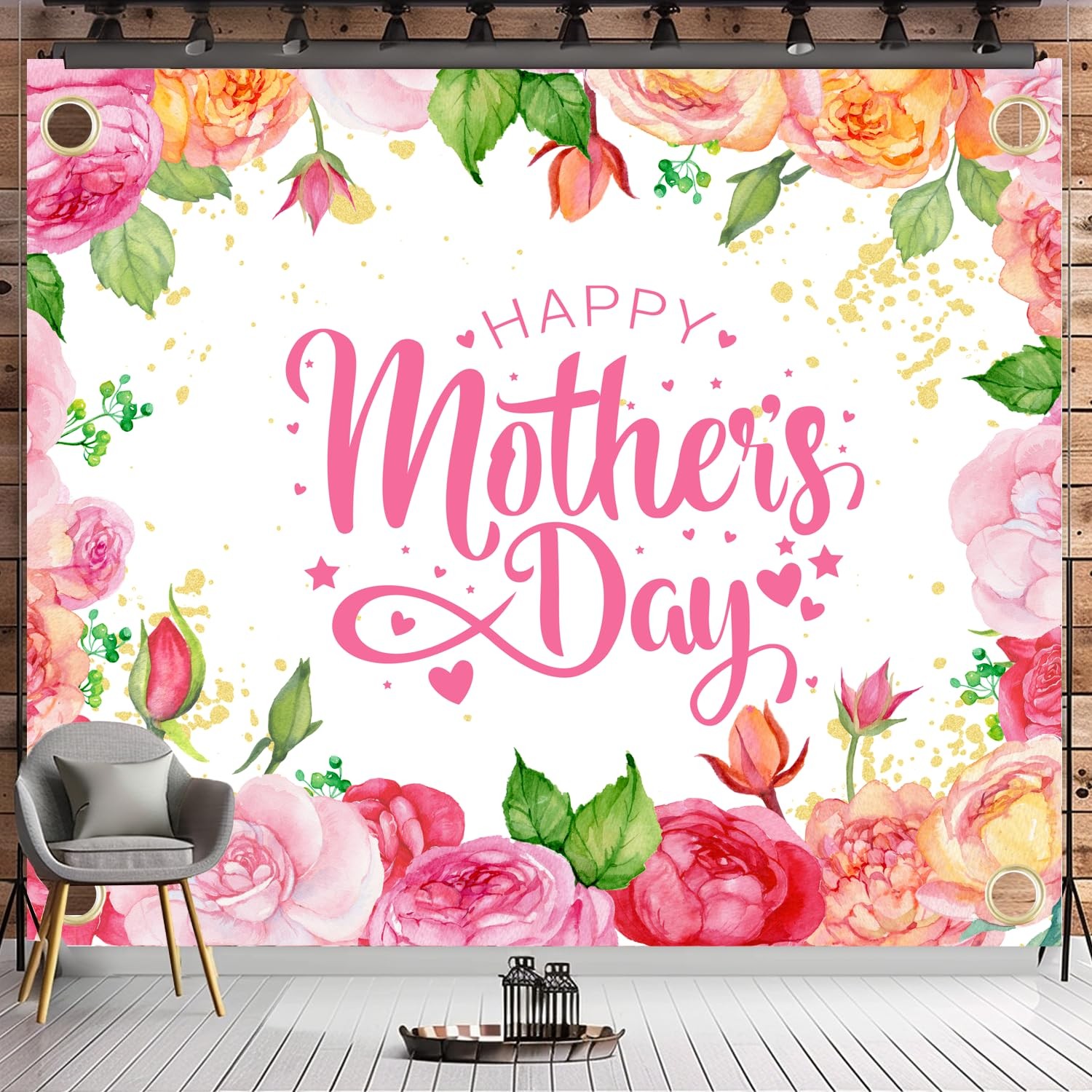 Ouksma 7x5ft Elegant Floral Happy Mother’s 4’9″ x 6’11”, Pink Yellow Flower
