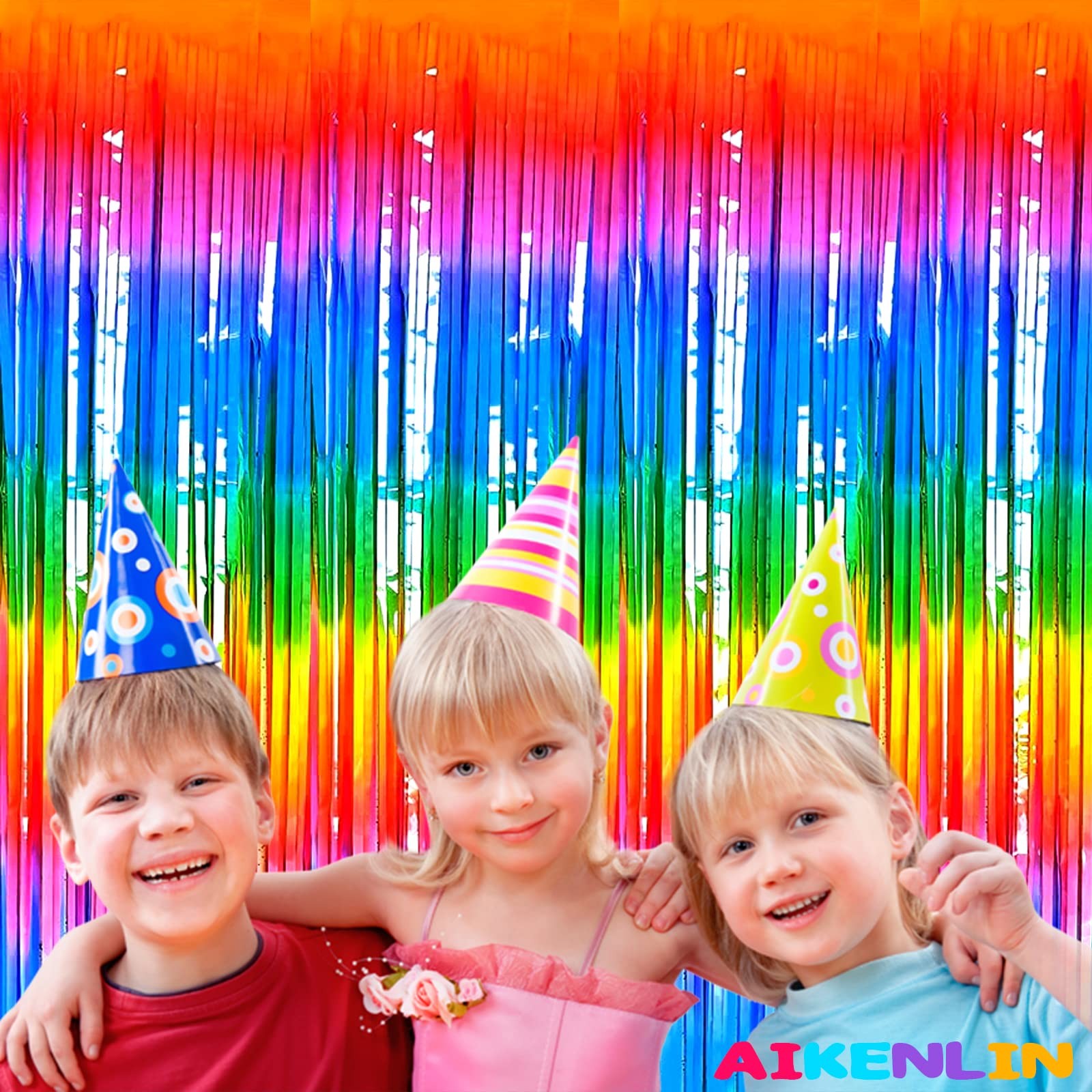 4 Pack 3.2Ft x 8.2Ft Rainbow Foil Fringe Curtain Backdrop Colorful Metallic T…