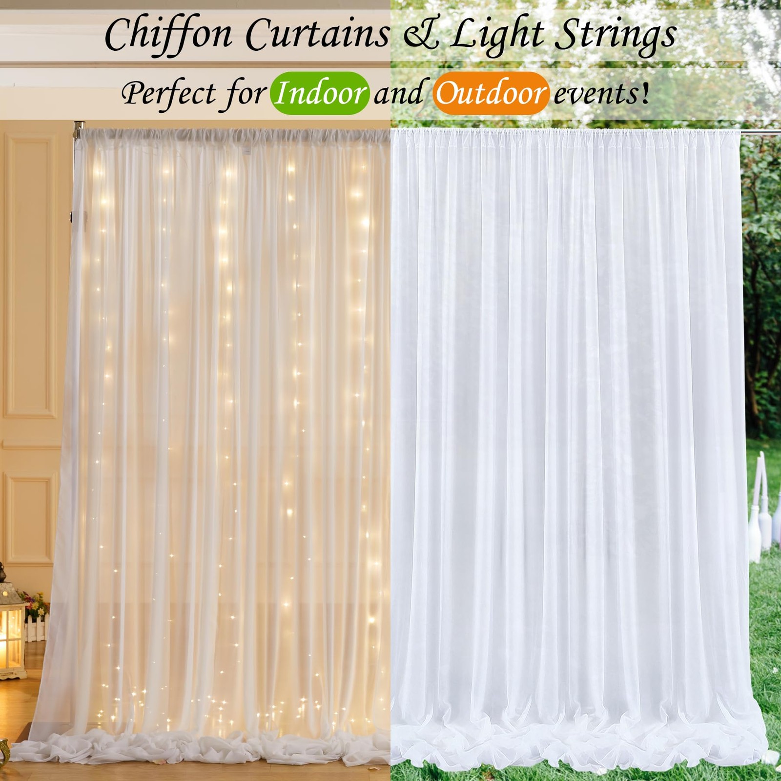 10ft x 7ft White Chiffon Backdrop Curtain Lights String Wrinkle Free Drapes