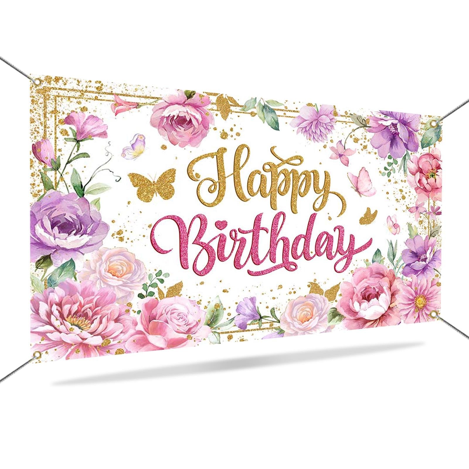 Happy Birthday Backdrop for Women Pink Floral Happy Birthday Party Decorations..