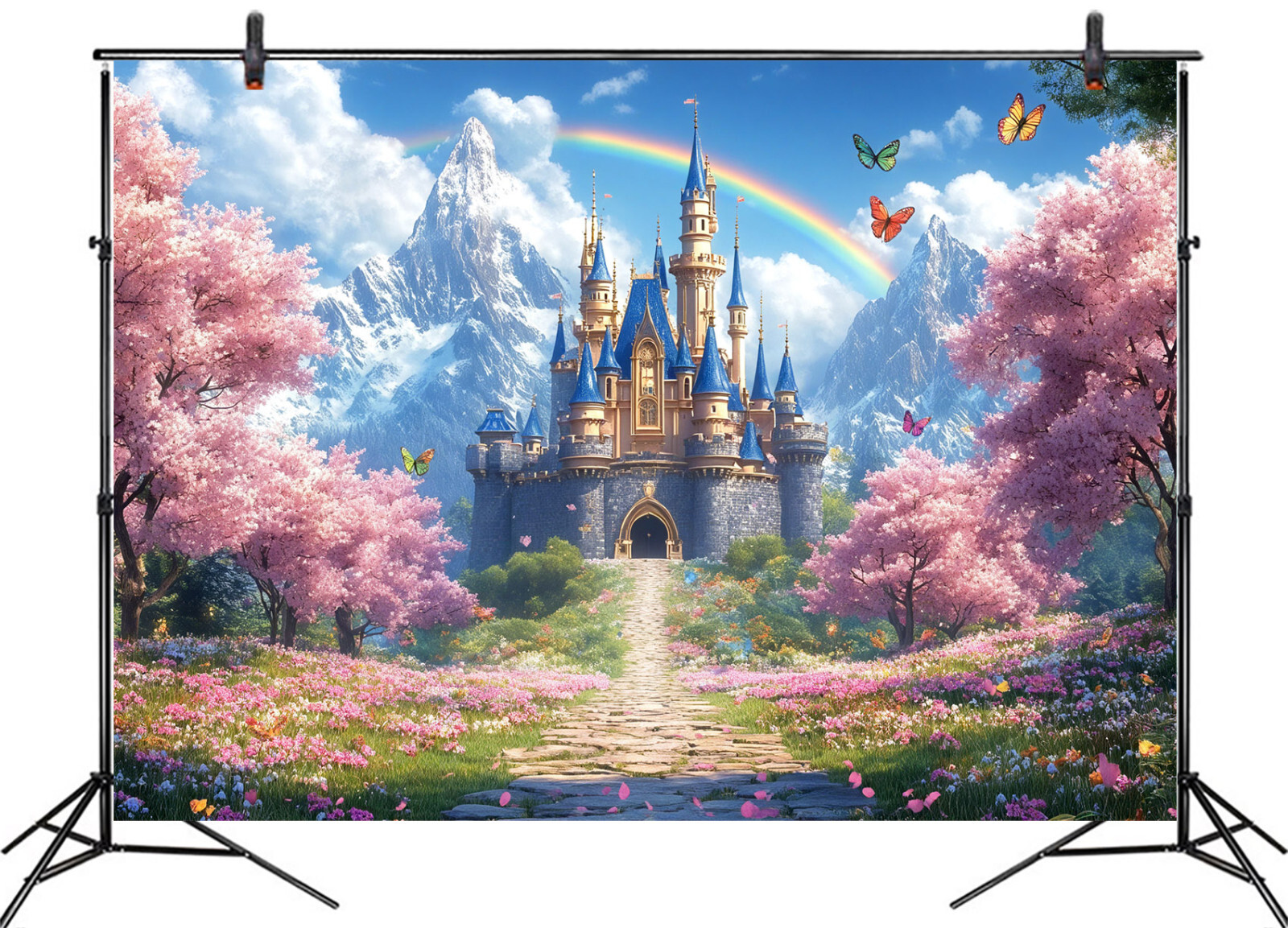 10x8ft Spring Pink Cherry Floral Blue Magic Castle Photo Background Studio Props