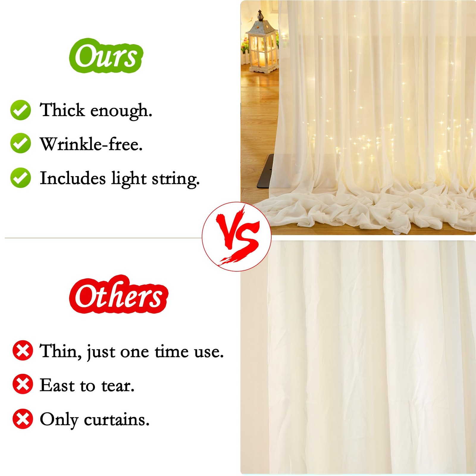 Ivory Chiffon Backdrop Curtain, 10x10ft, Lights String, Wrinkle Free, Wedding