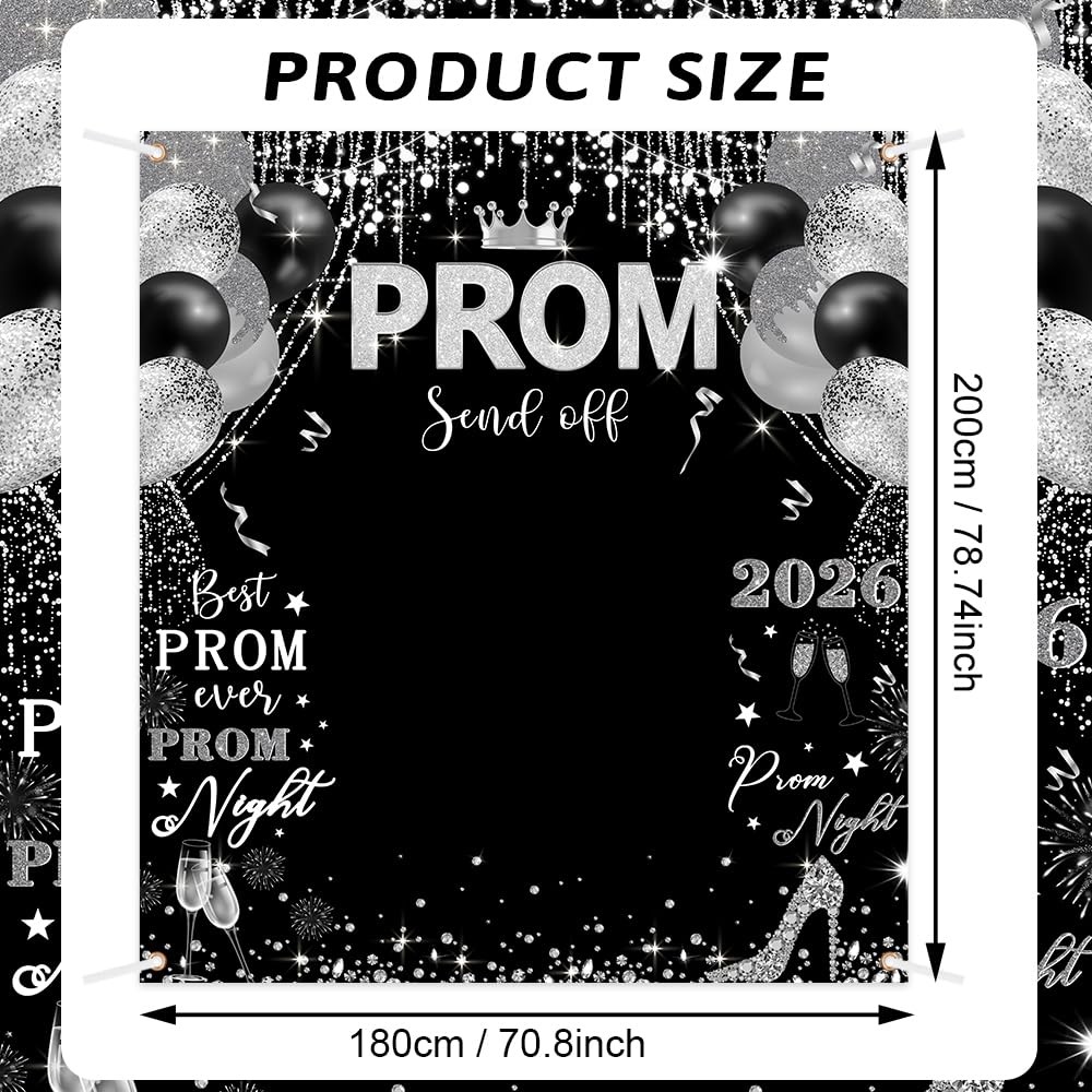 Prom 2026 Graduations Backdrop Congrats Grad Banner Black Silver Glitter Balloon