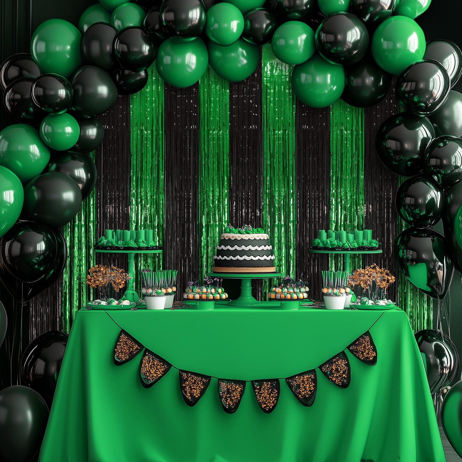2 Pack Green Black Fringe Backdrop, 3.2×8.2ft Shining Foil Tinsel Curtains, …