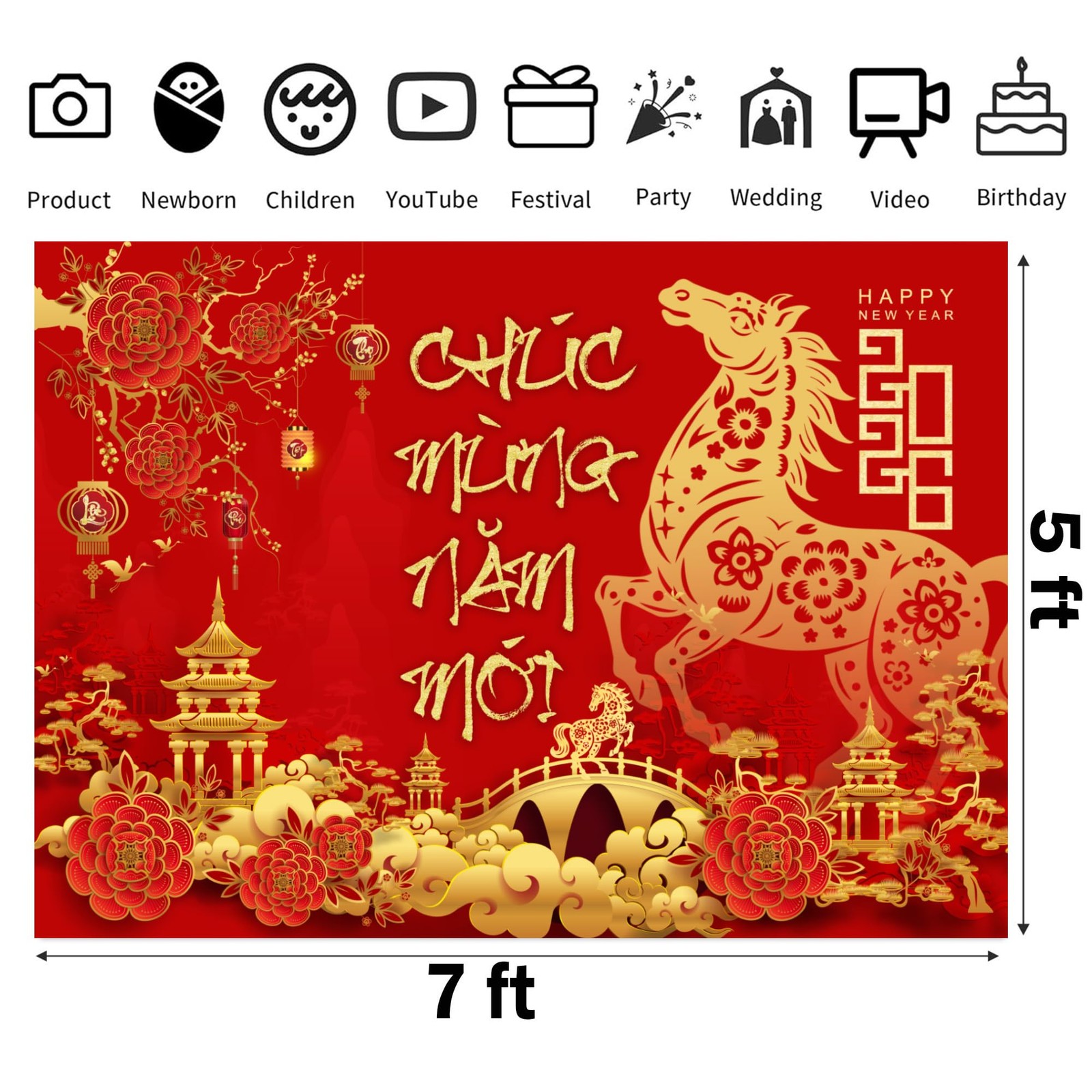 IRCOR TET Decorations 2026 Vietnamese New Year Backdrop with 12 Red 5′ x 7′