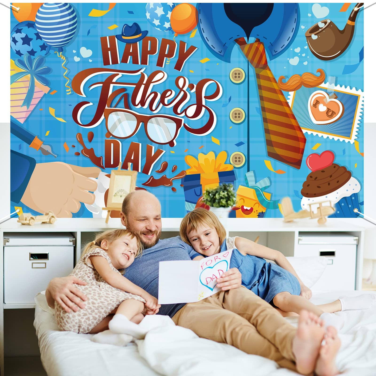 Happy Father’s Day Banner, Blue Fabric Backdrop with Brown Tie, Star Balloons, ‘
