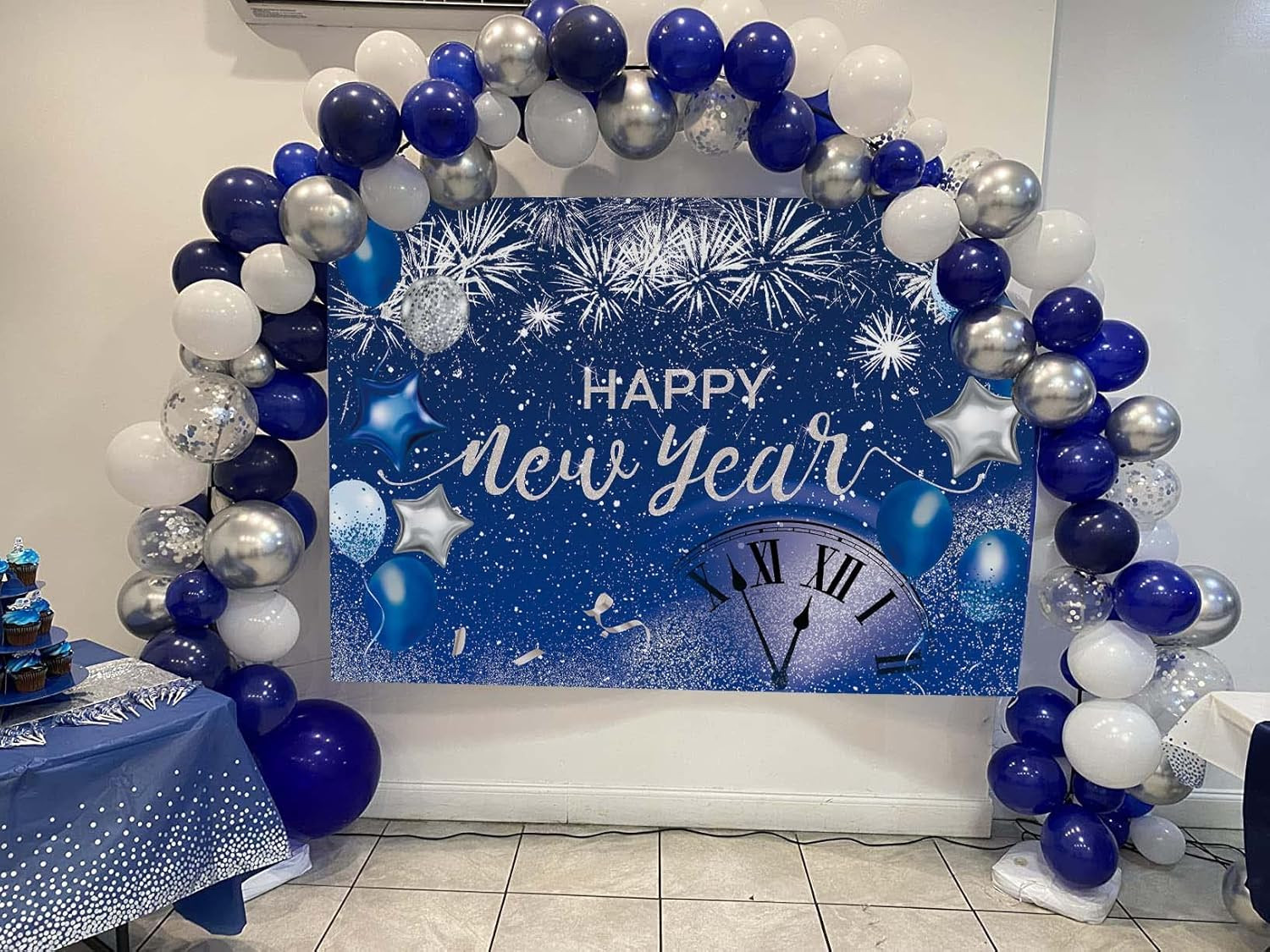 Happy New Year Backdrop 2026 Glitter Blue Fireworks New Years Eve Photography Ba