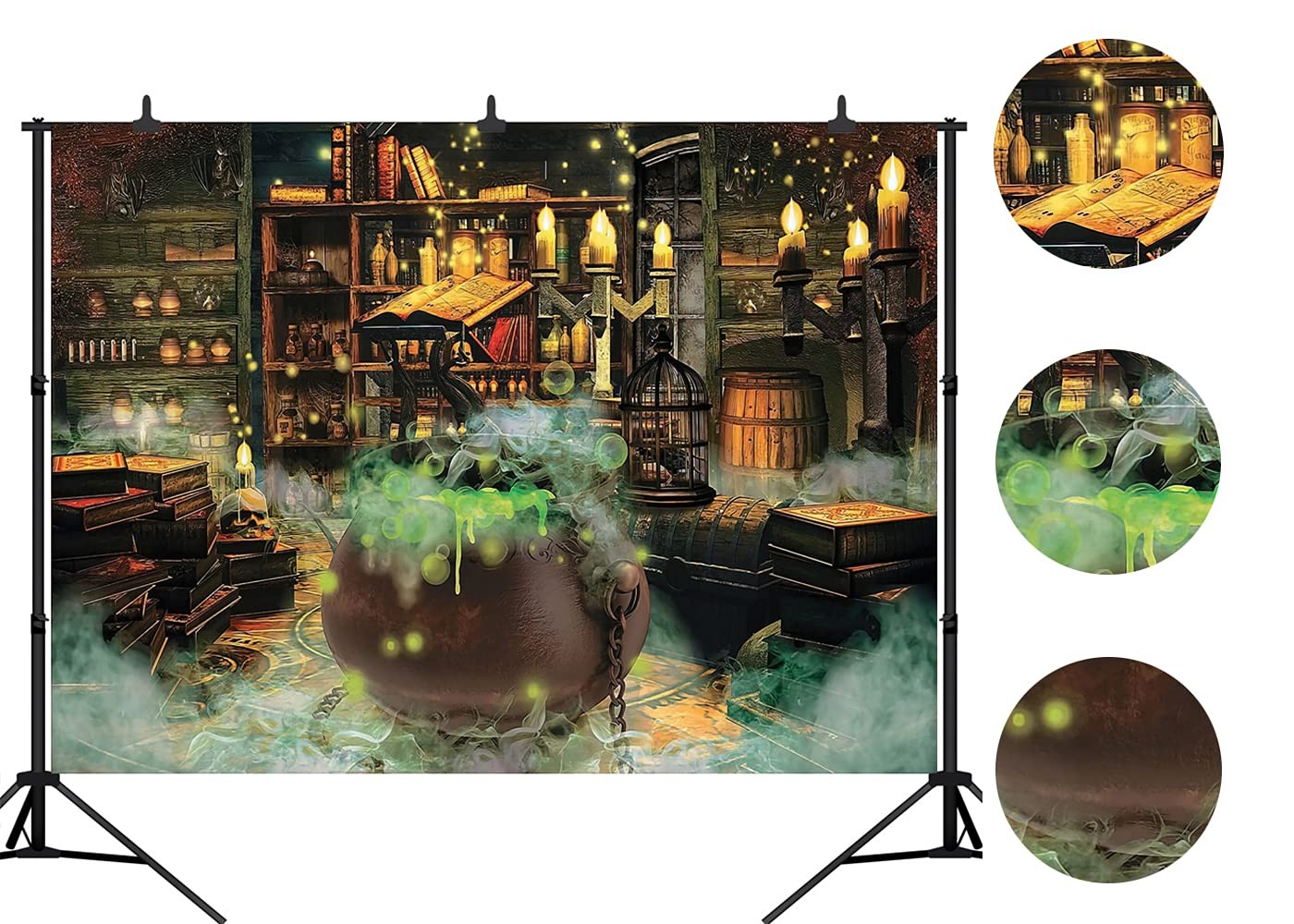 Halloween Photo Backdrop Witch Magic Cauldron Bookshelf Spooky Room Hoilday P…