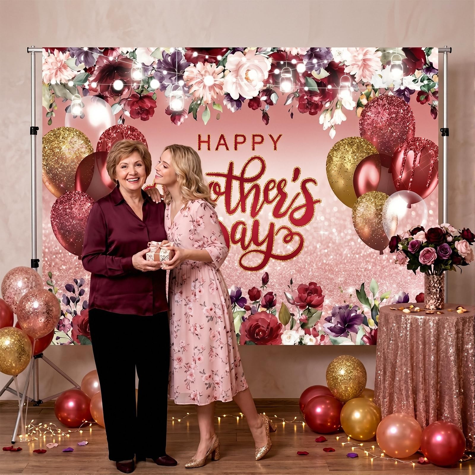 Happy Mother’s Day Backdrop Burgundy Flowers Rose Gold Glitter Photo Background