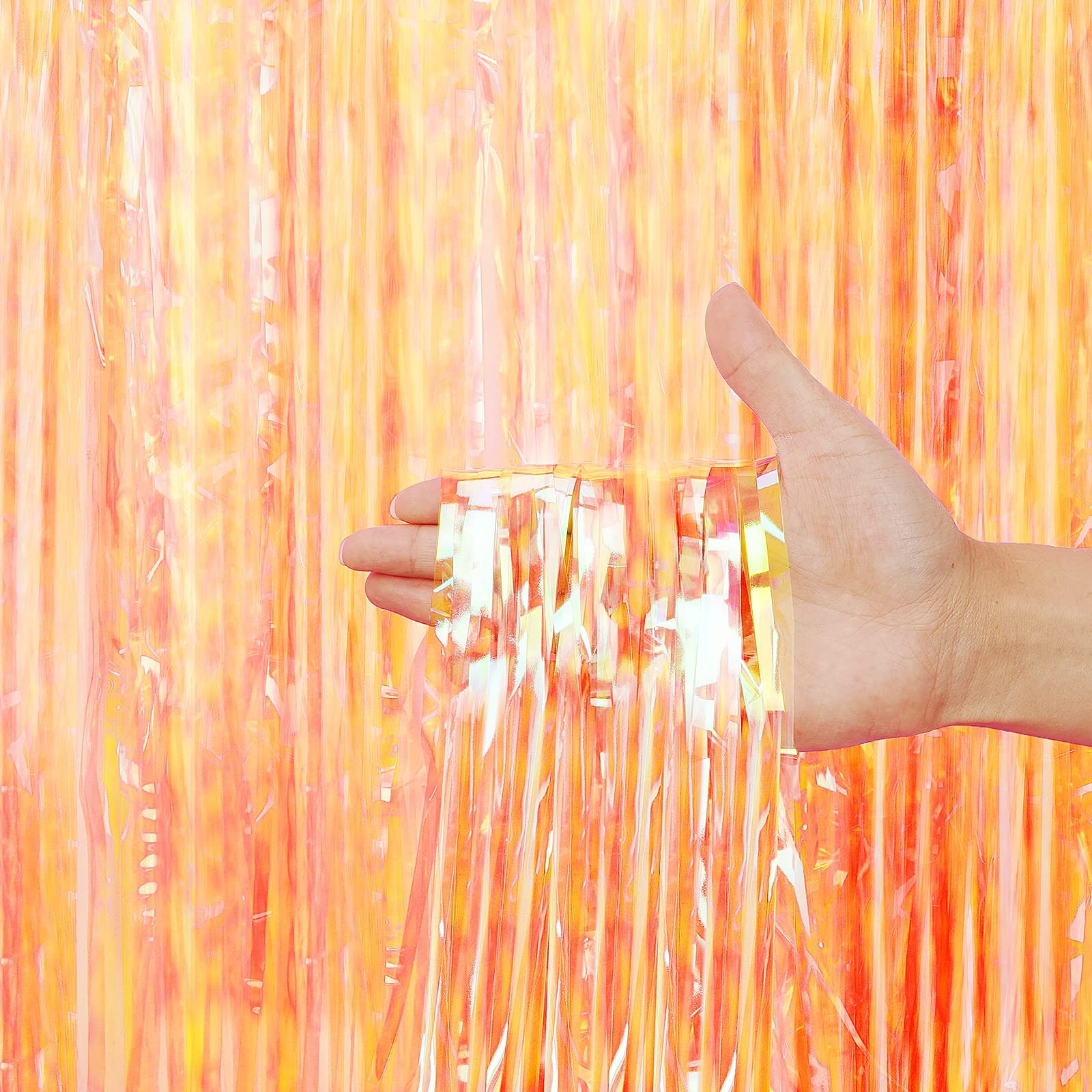 Transparent Orange Metallic Tinsel Foil Fringe Curtains Backdrop 3 Pack