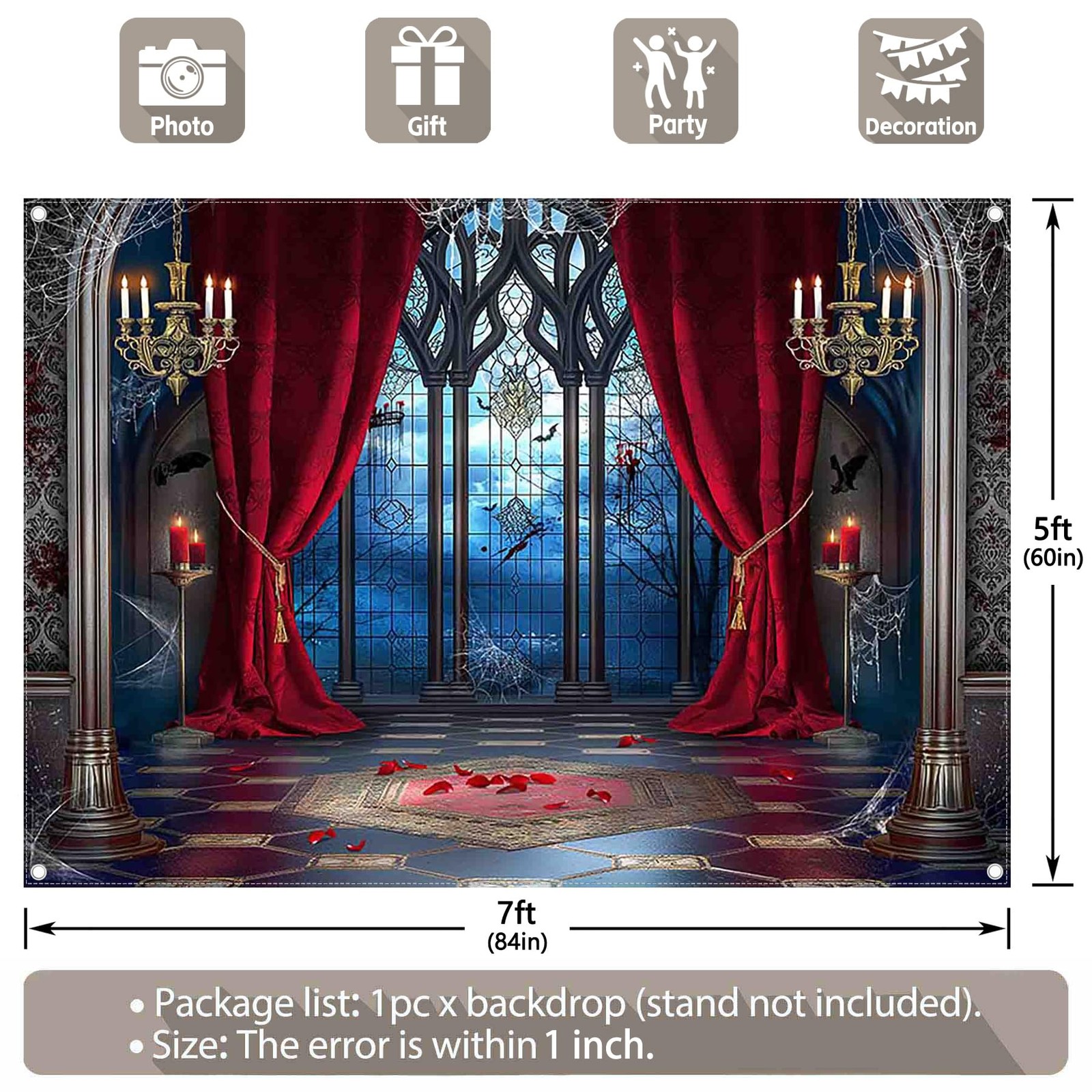Halloween Vampire Medieval Castle Gothic Window Fabric Backdrop 7x5ft Mat