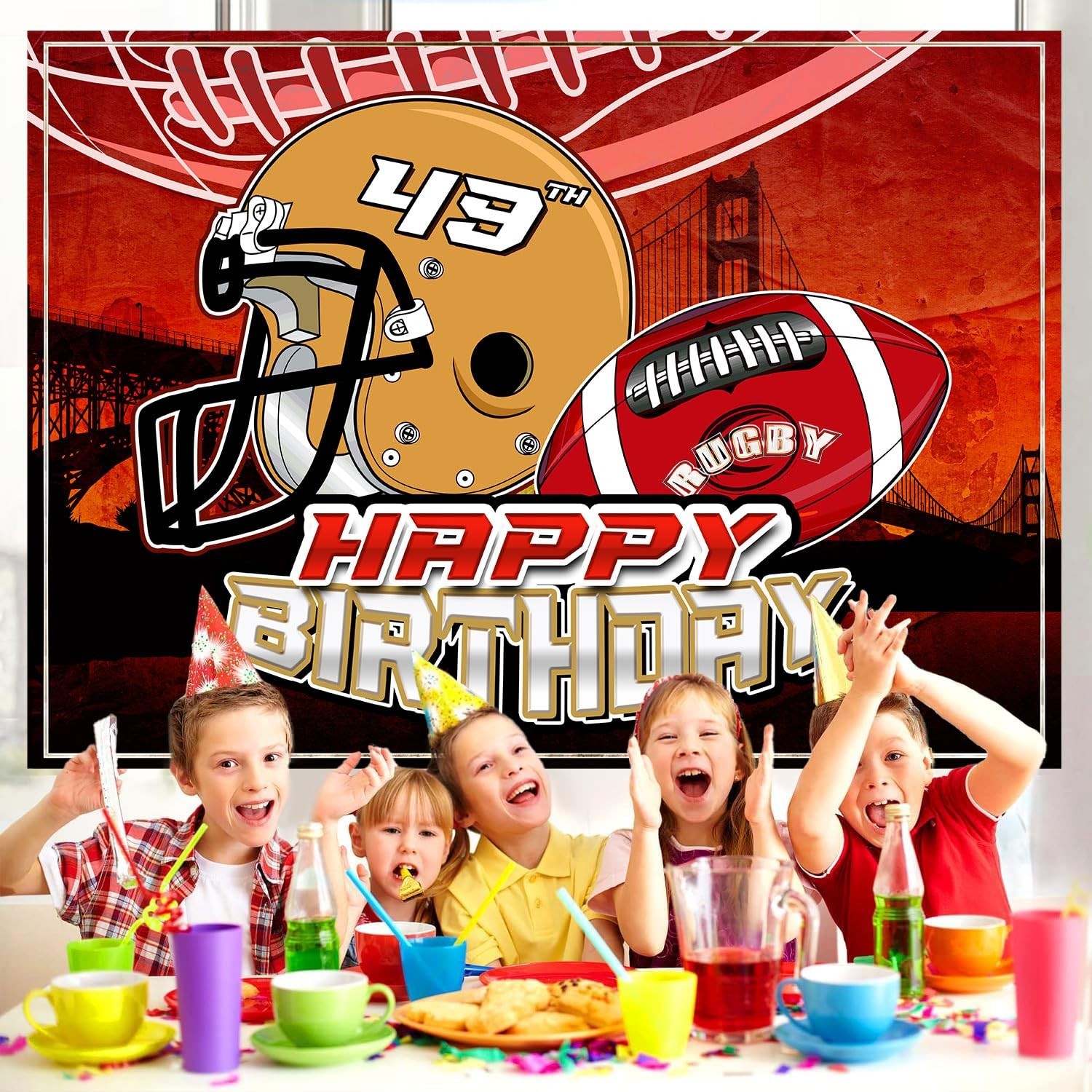 49″ Football Birthday Backdrop – Rugby Team, Golden Gate Bridge, 7x5ft Party Ban