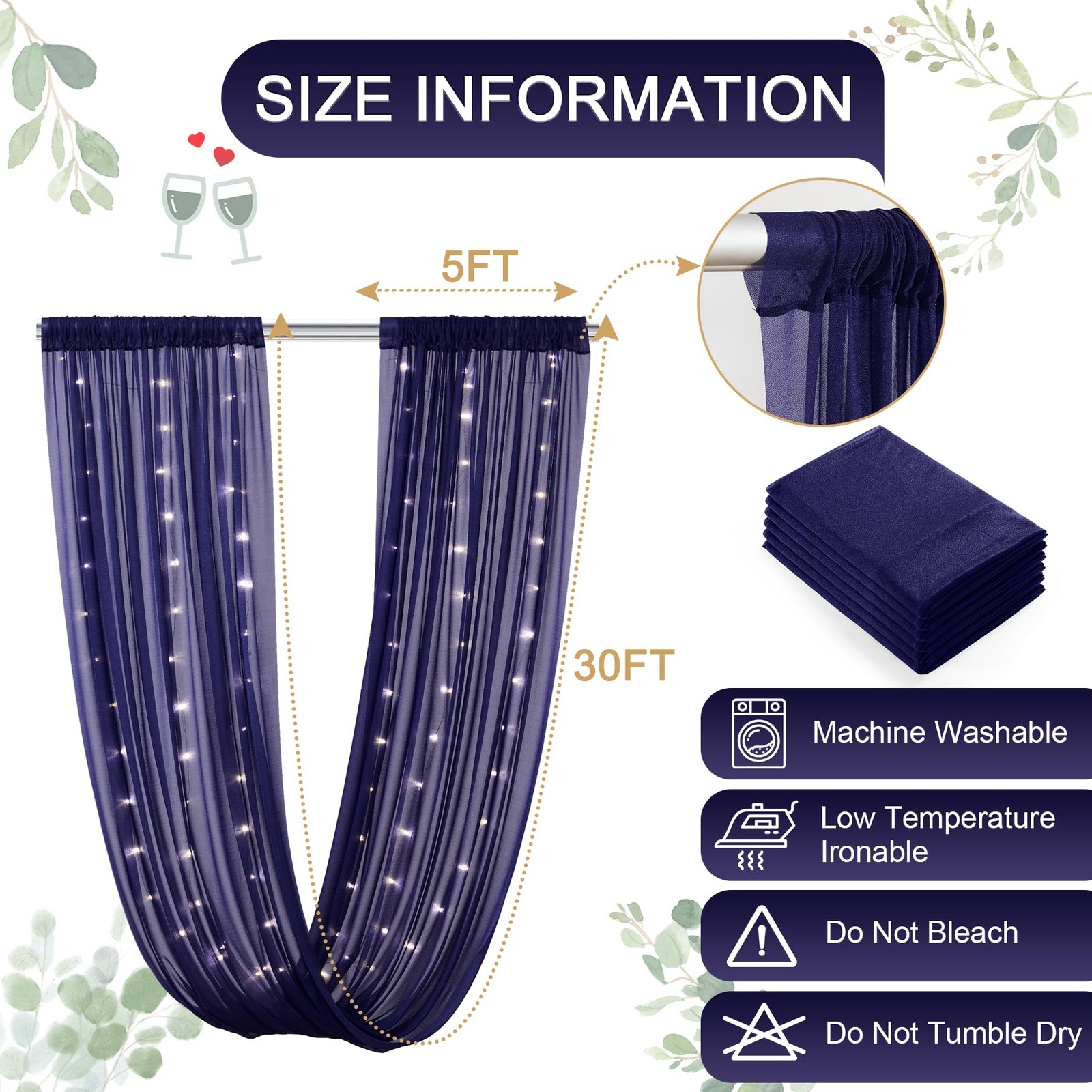 Navy Blue 60″W x 360″L (Pack of 6), Ceiling Drapes + Lights String