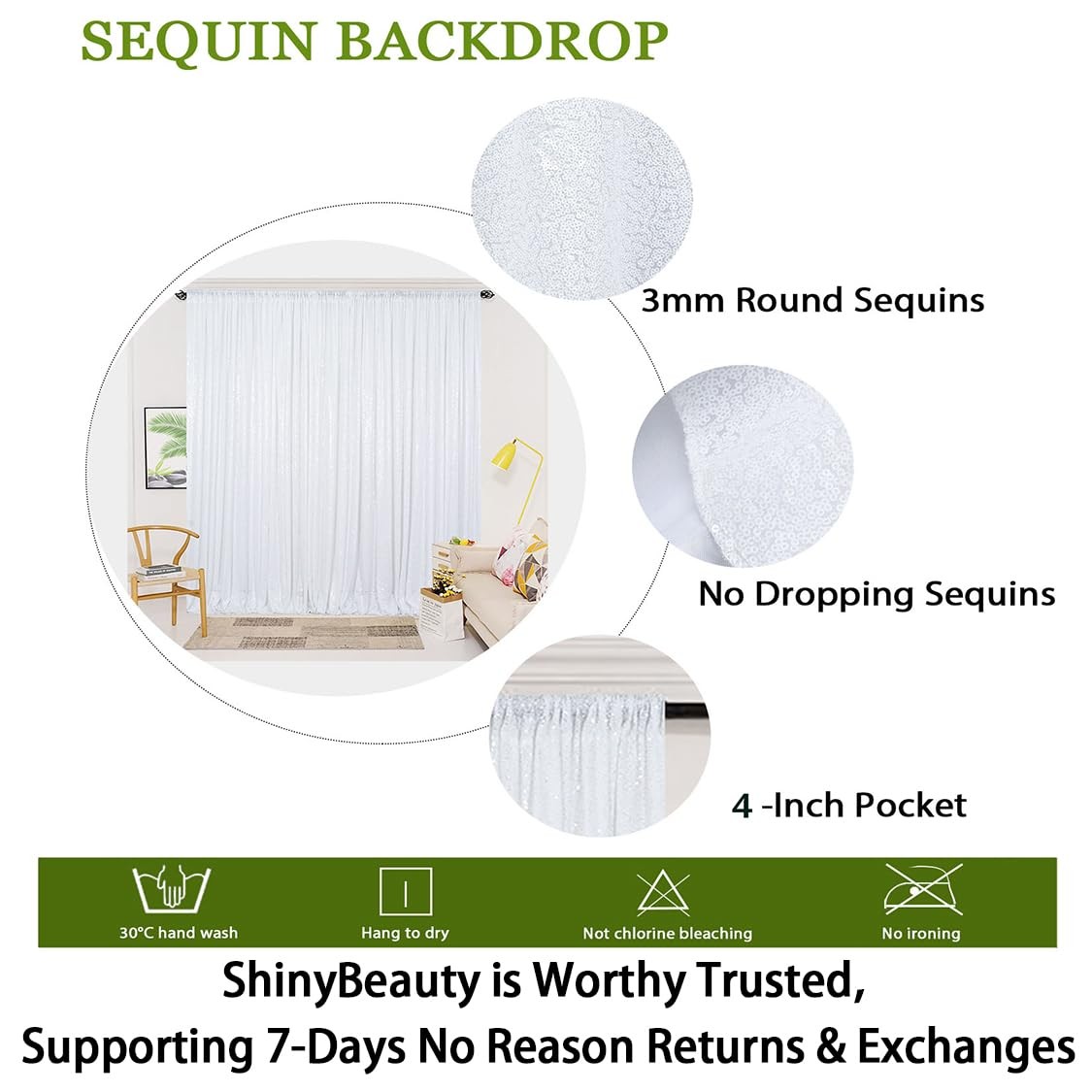 White 8×8 Ft Sequin Glitter Backdrop Curtain Background Wedding Party Photo
