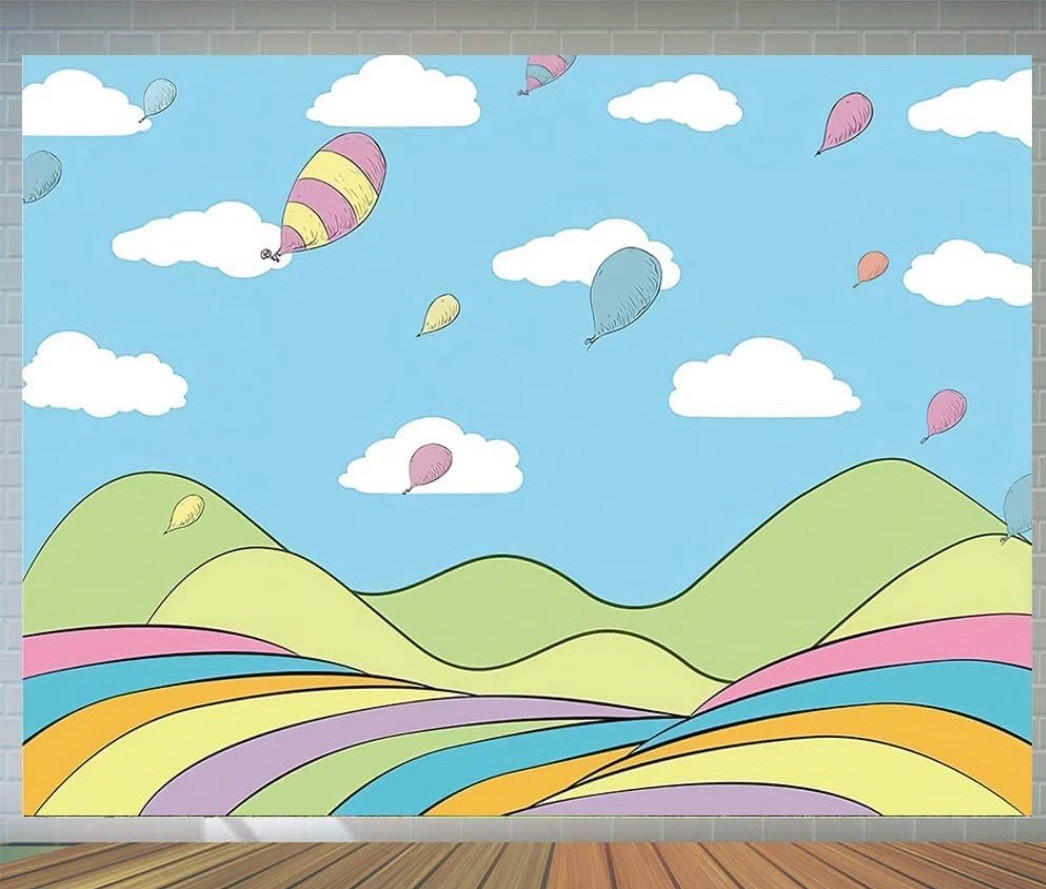 Oh! The Places You’ll Go! Cartoon Backdrop Blue Sky, Balloons And Clouds