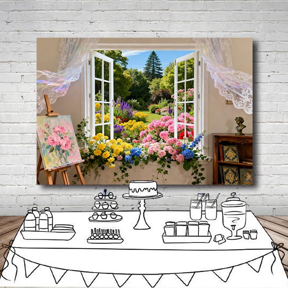 Spring Summer Garden White Window Blooming Flowers Curtain Backdrop 7×5 FT