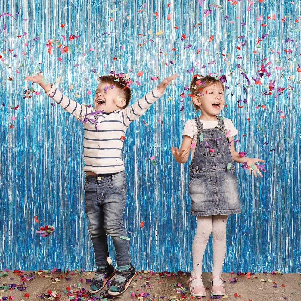 1 Pack Light Blue Tinsel Foil Fringe Curtain, 3.2×9.8 ft, Photo Backdrop