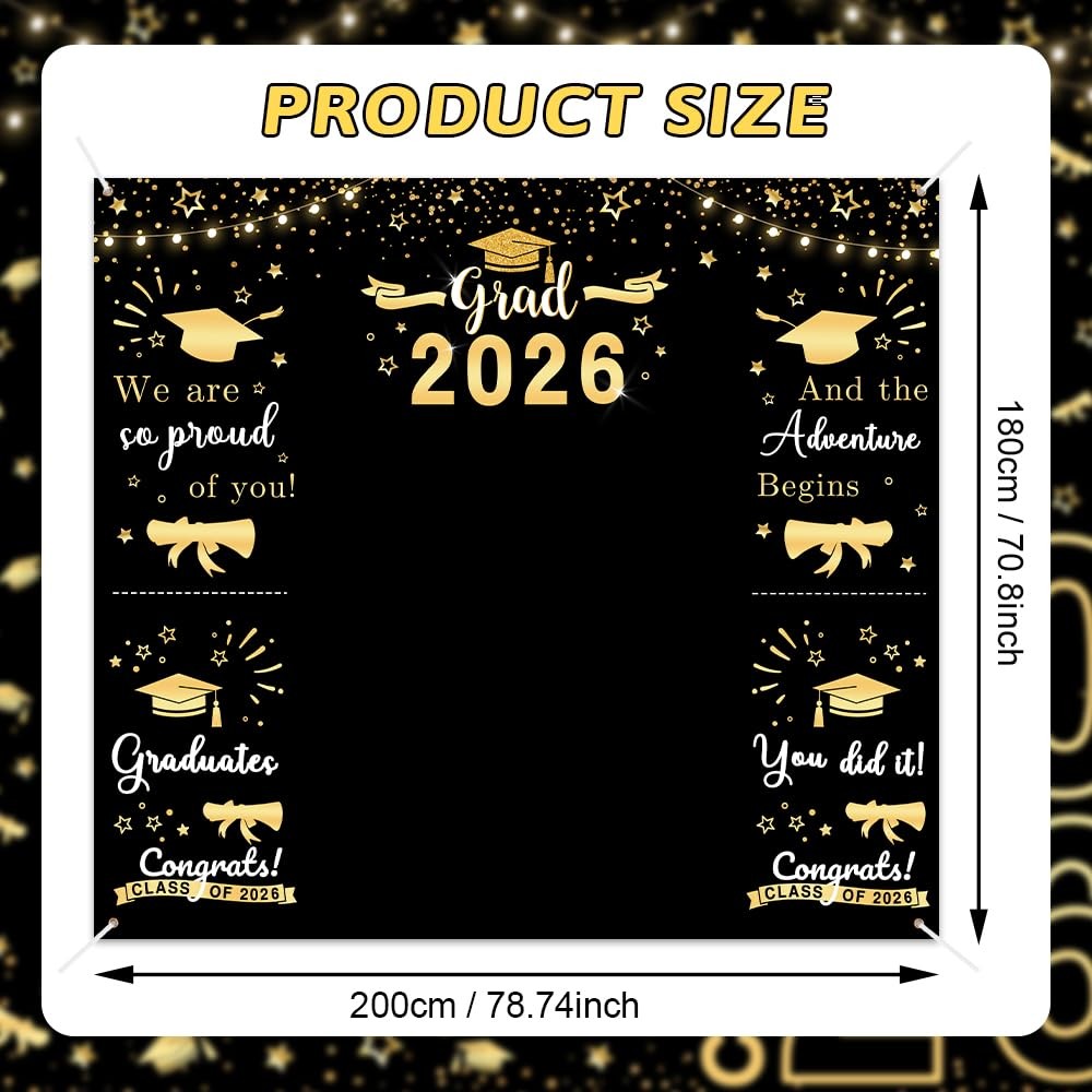 Class of 2026 Graduations Backdrop Black Gold Congrats Party Photo Backgrou