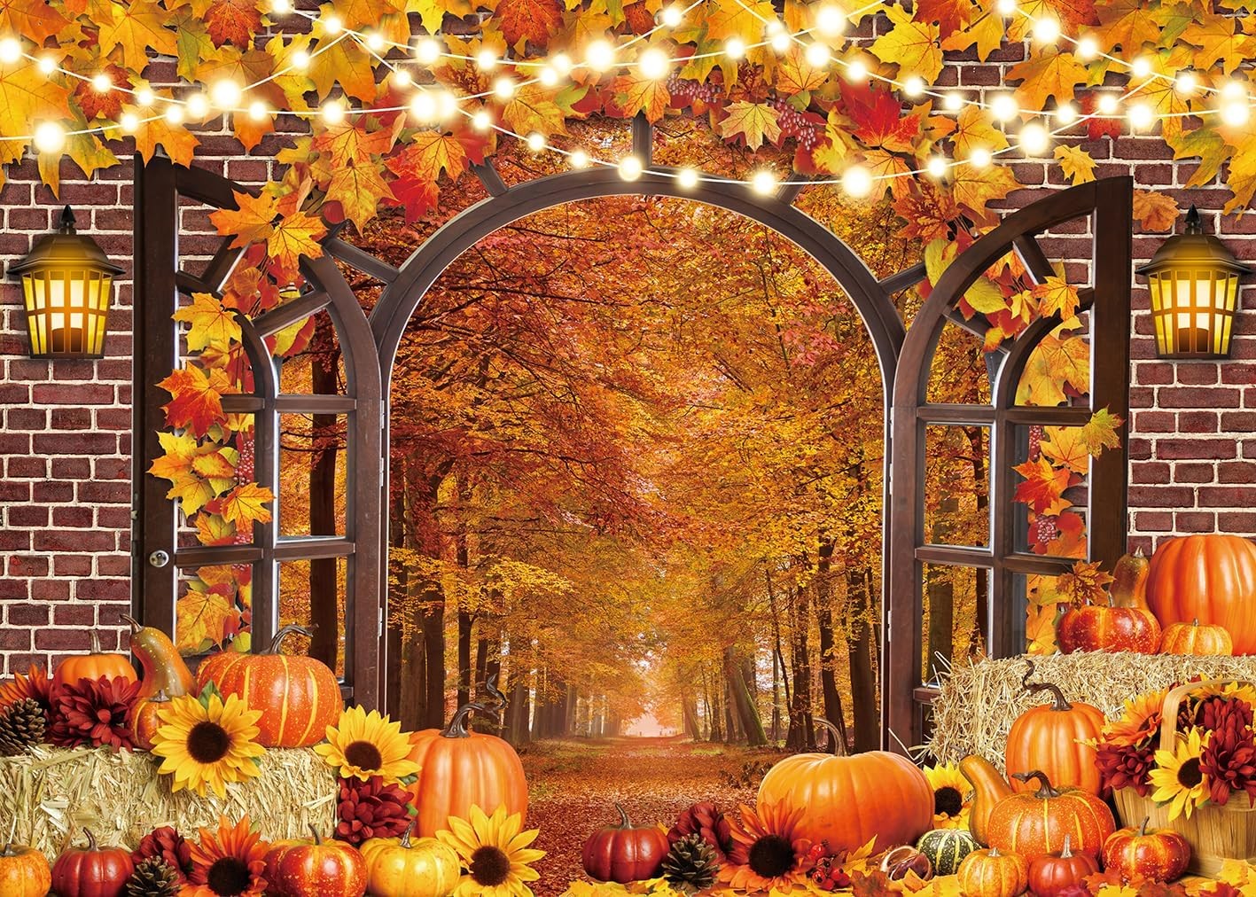 10x8FT Fall Window Backdrop Autumn Harvest Pumpkins Maple Leaves Vinyl Photo