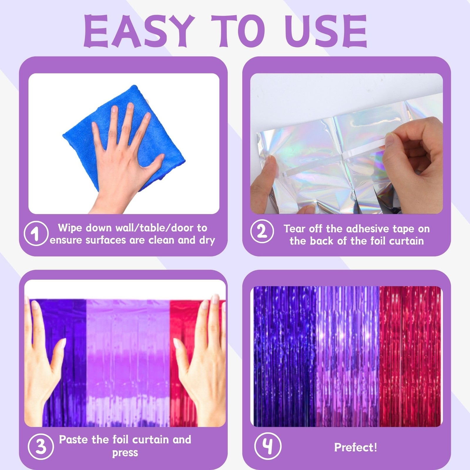 Vagilelf 2 Pack Purple Blue and Red Foil Fringe Curtains for Pink