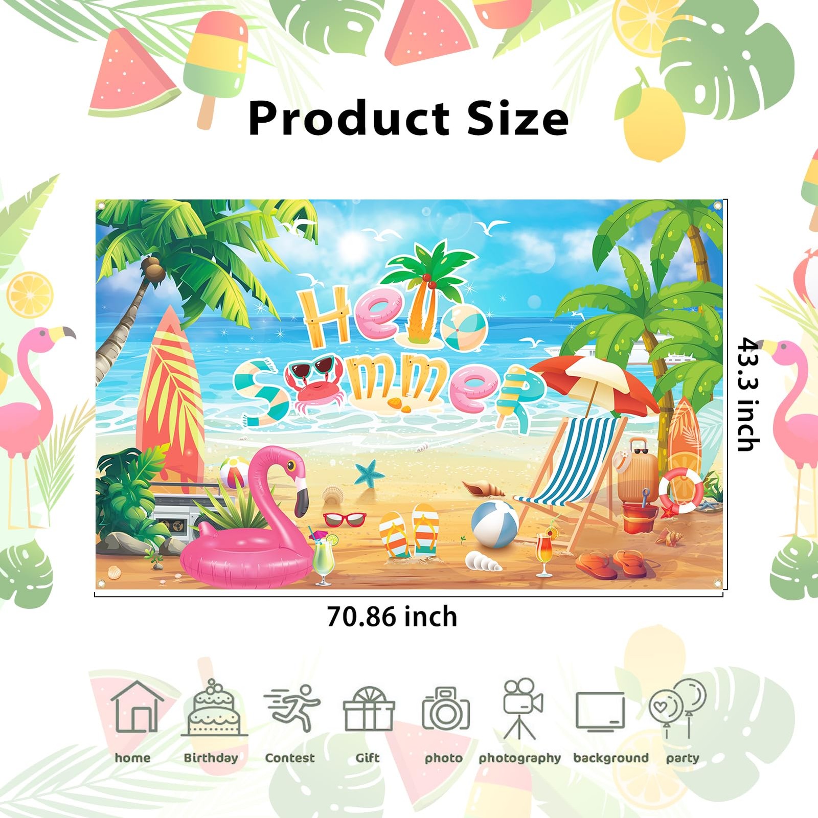 Hello Summer Beach Photo Backdrop Schools Out End School Year 71×43 Inch Prop