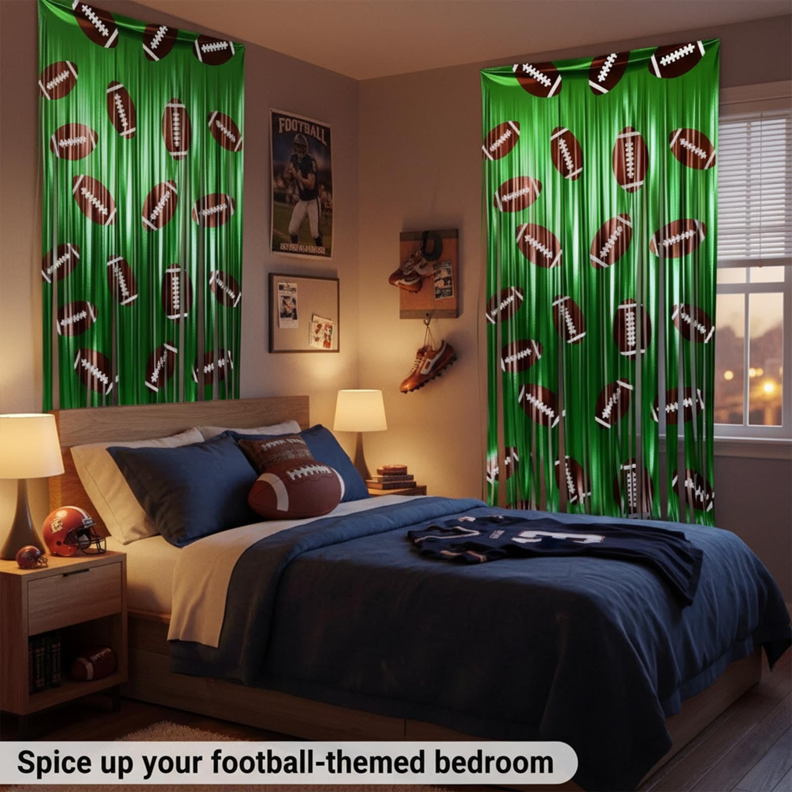 3.3×6.6 Ft Brown Green Football Foil Fringe Curtain Backdrop Sports Decor 2 PCS