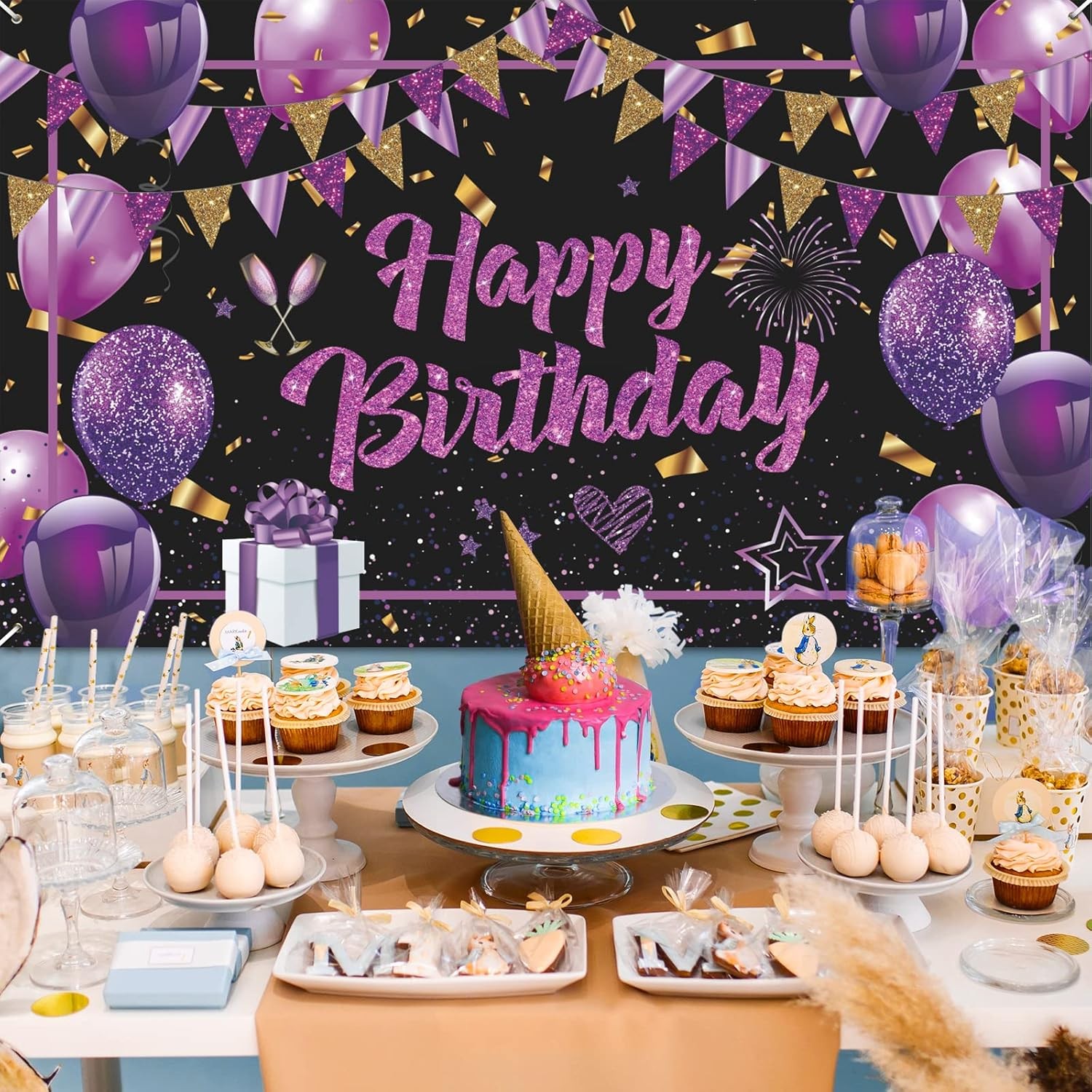 Purple Happy Birthday Banner – Black Gold Party Decorations Large,